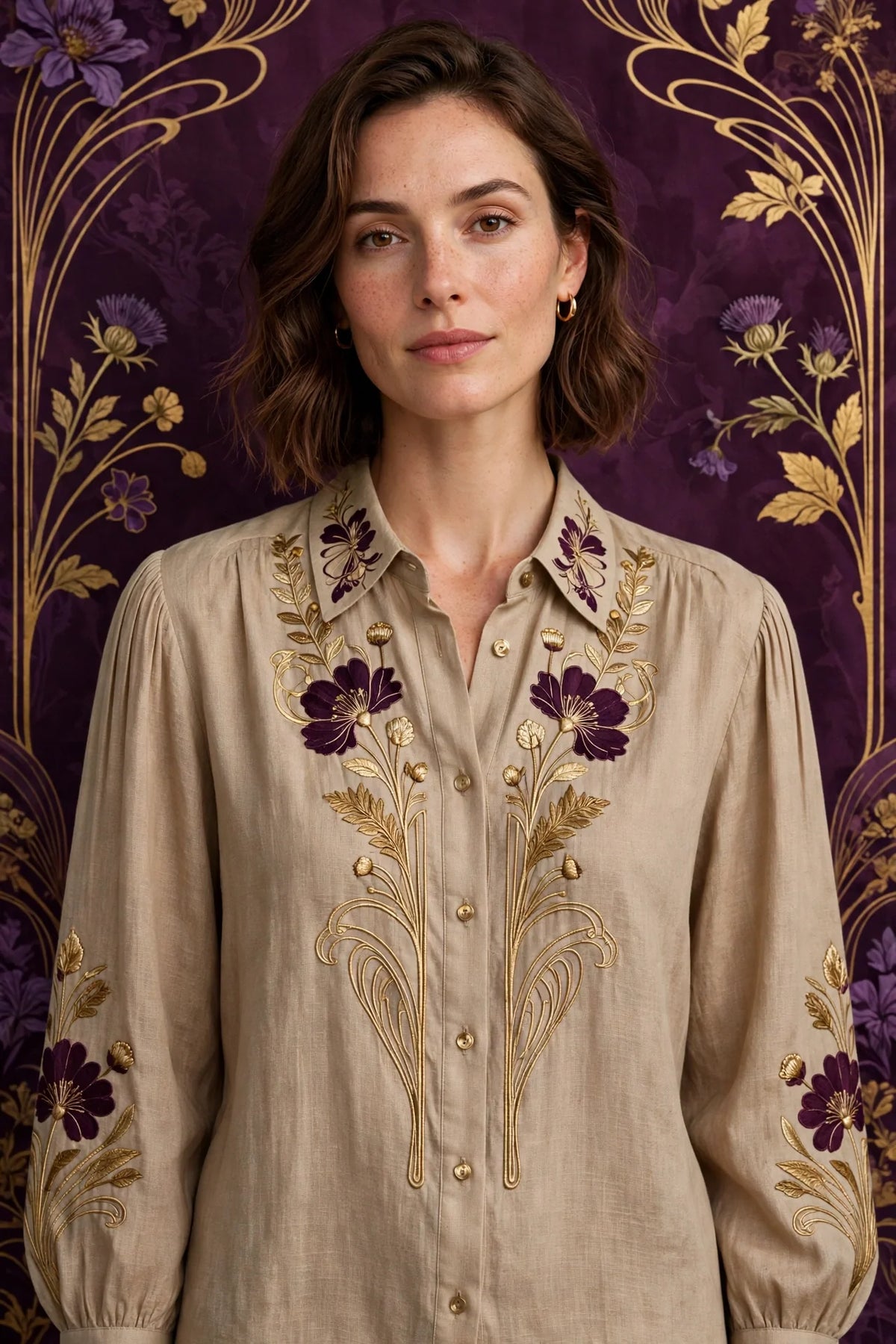 Person wearing Beige Modern Blouse in Wheat