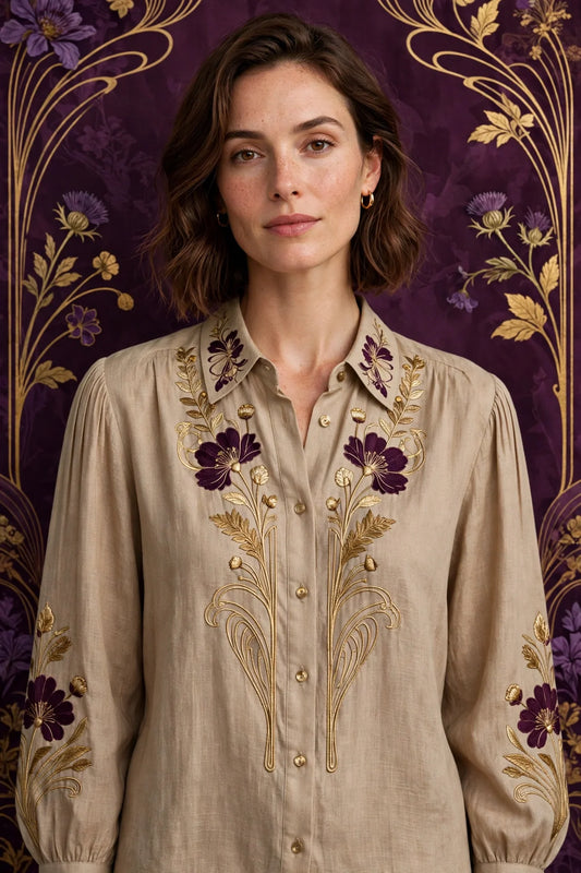 Person wearing Beige Modern Blouse in Wheat