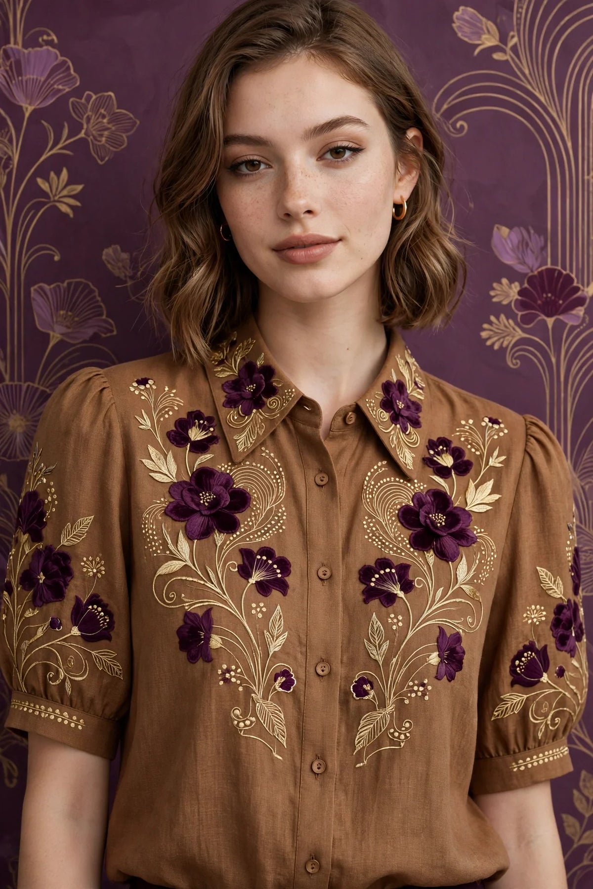 Person wearing Brown Modern Blouse in Wheat