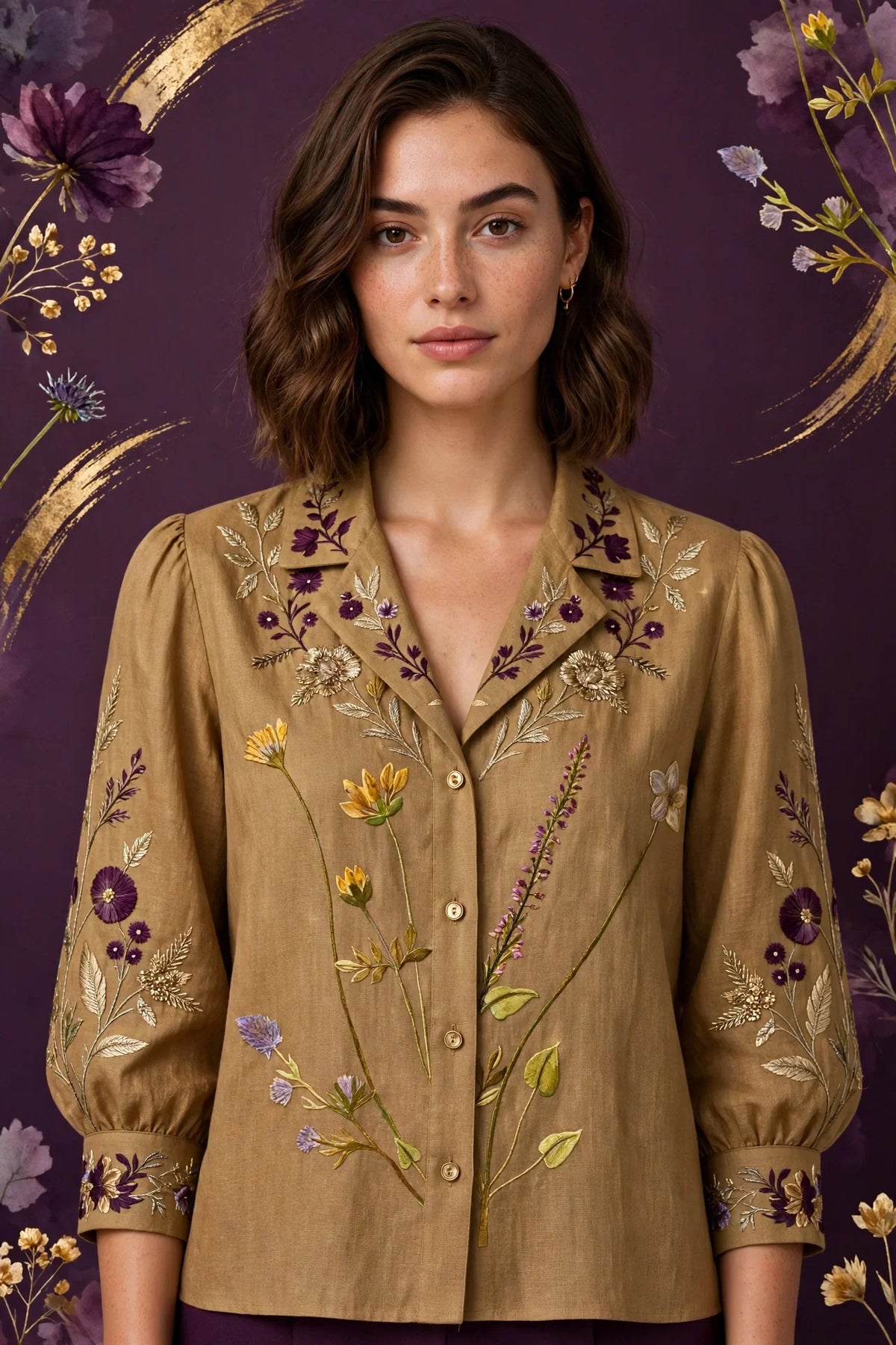 Person wearing Gold Modern Blouse in Wheat