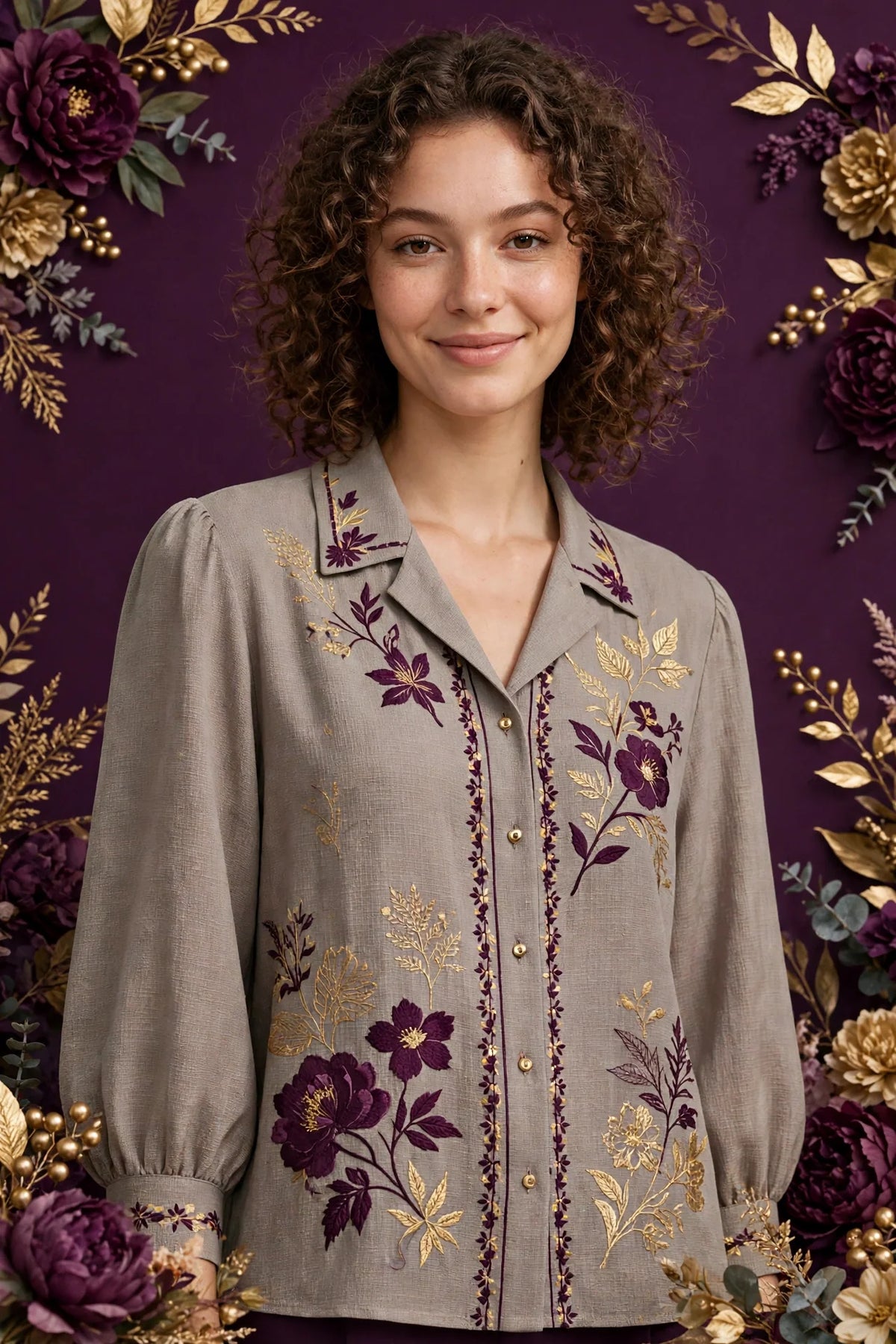 Person wearing Grey Modern Blouse in Wheat