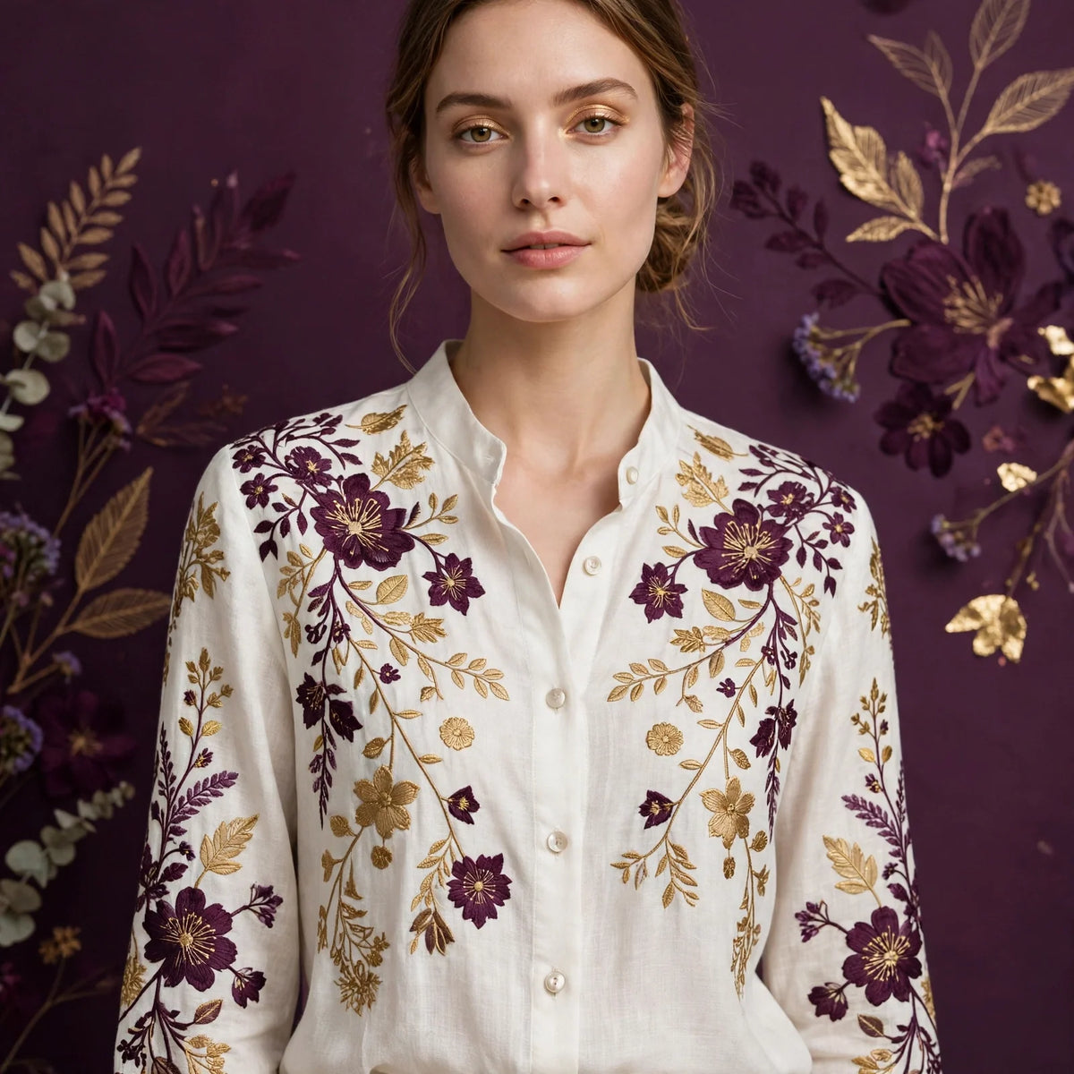 Person wearing White Modern Blouse in Wheat