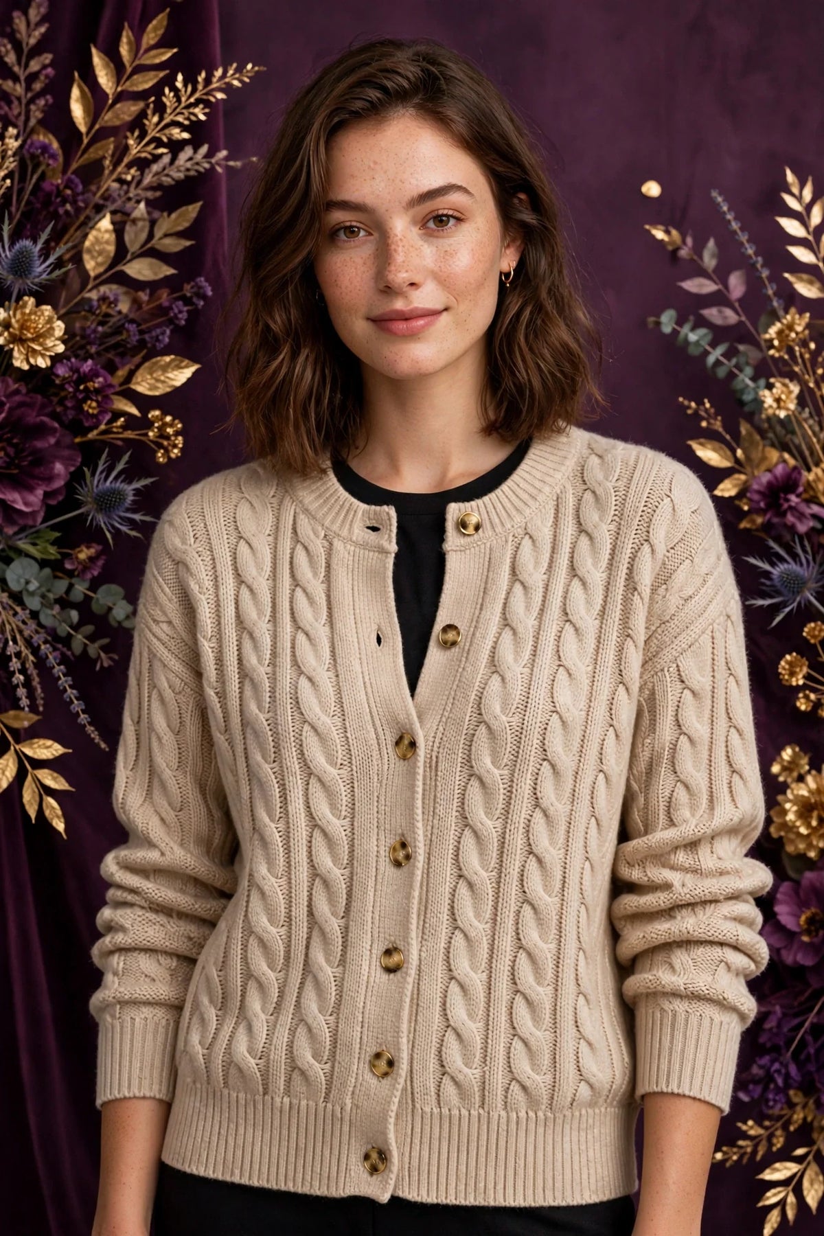 Person wearing Beige Knitwear Cardigan