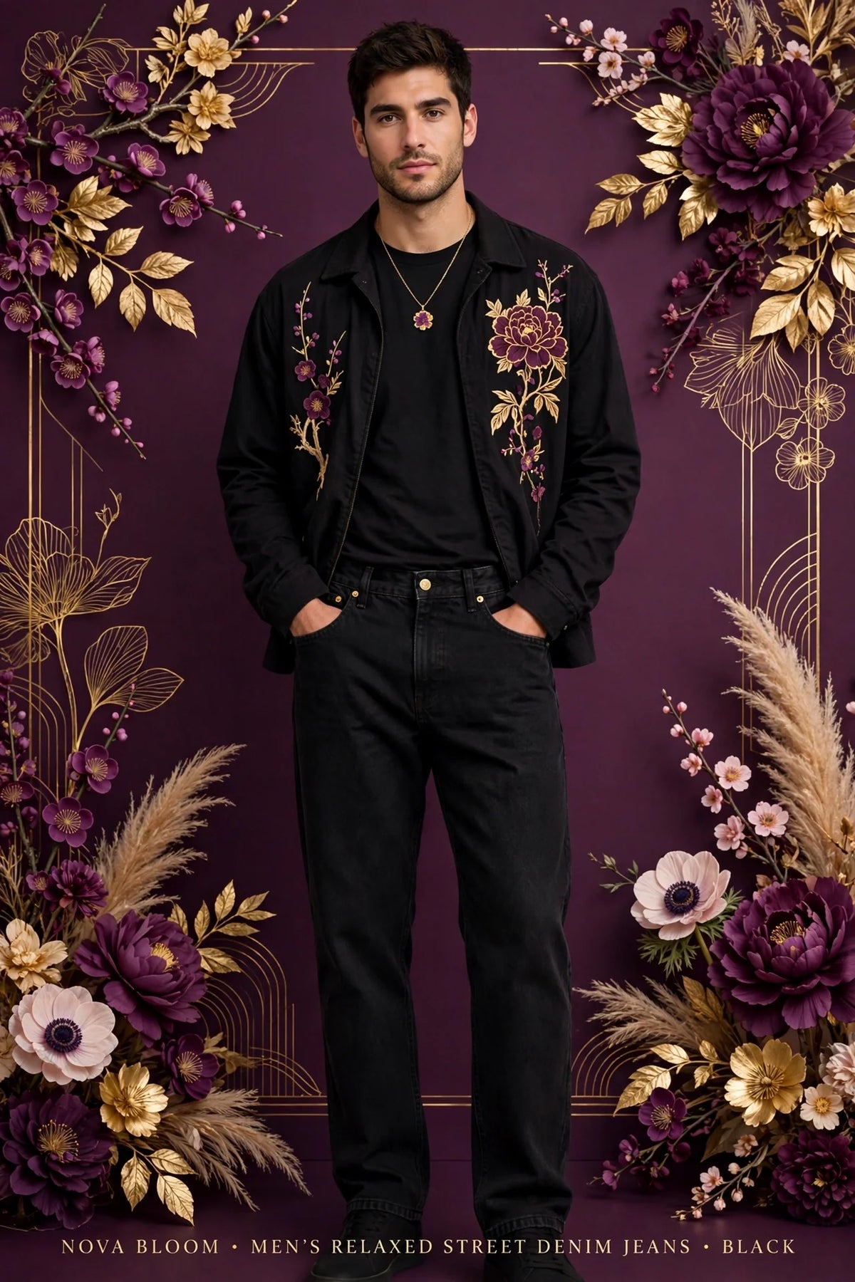 Man wearing Black Men's Relaxed Street Denim Jeans