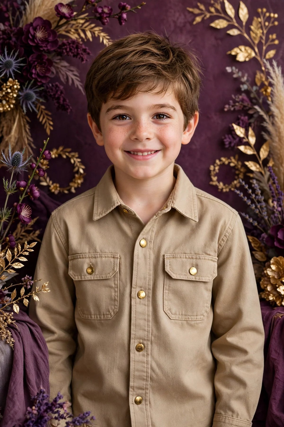 Boy wearing Beige Kids Chestnut Brown Canvas Work Shirt