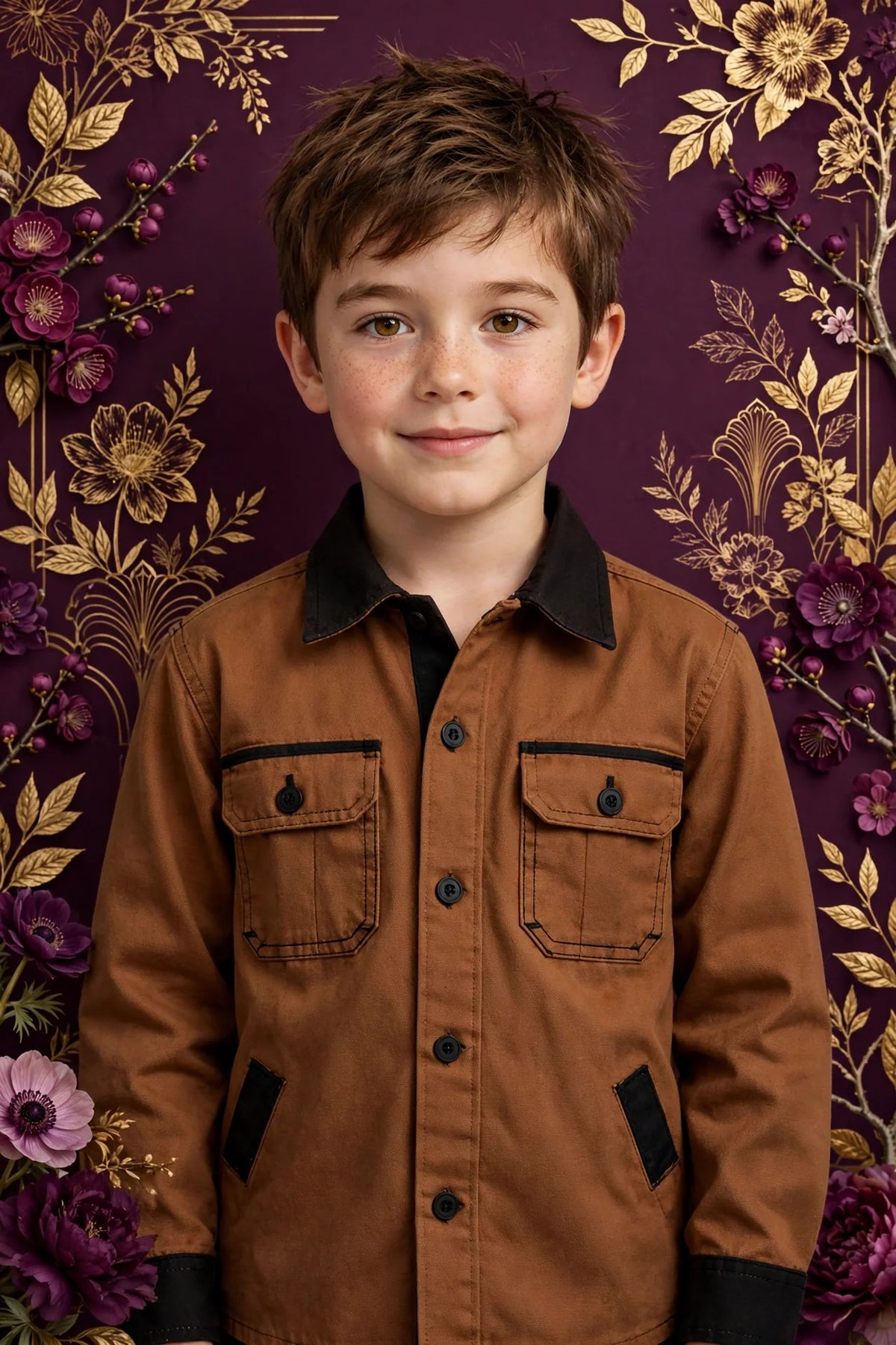 Boy wearing Black Kids Chestnut Brown Canvas Work Shirt