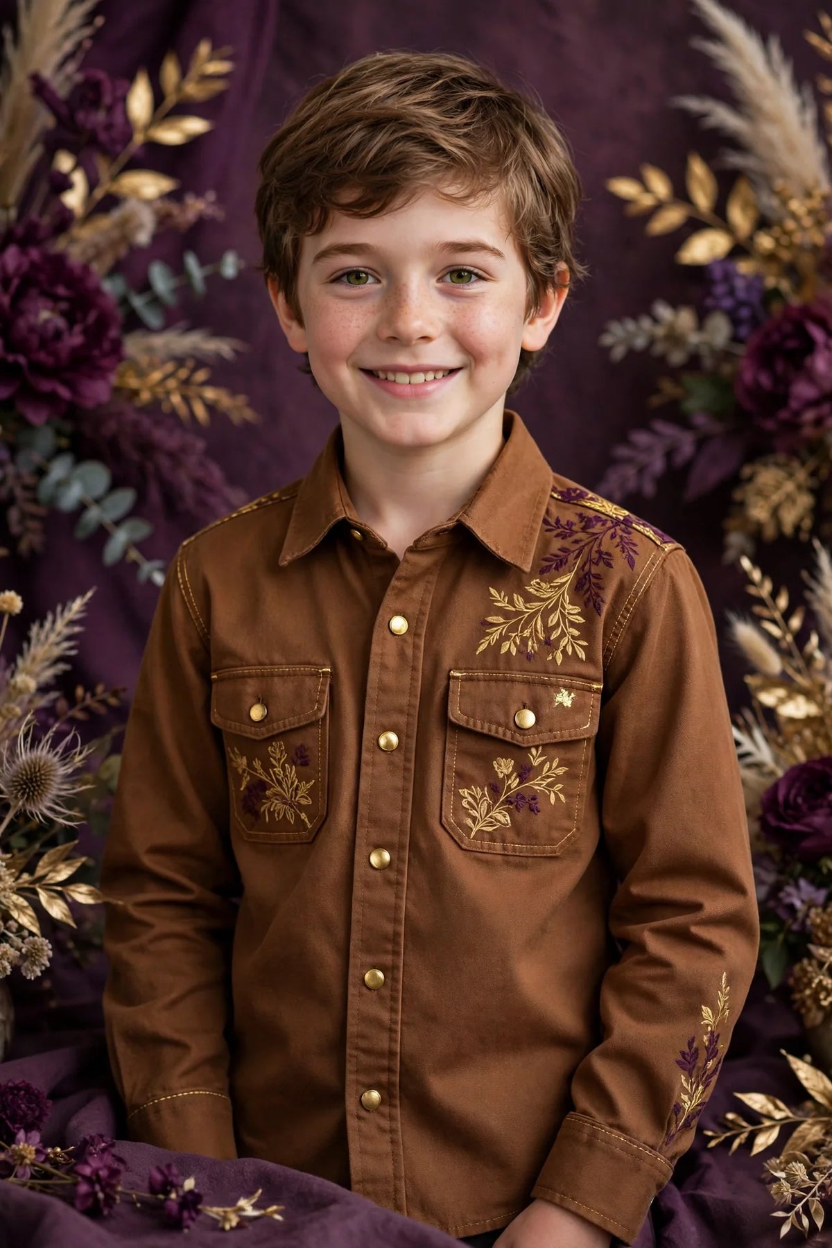 Boy wearing Gold Kids Chestnut Brown Canvas Work Shirt