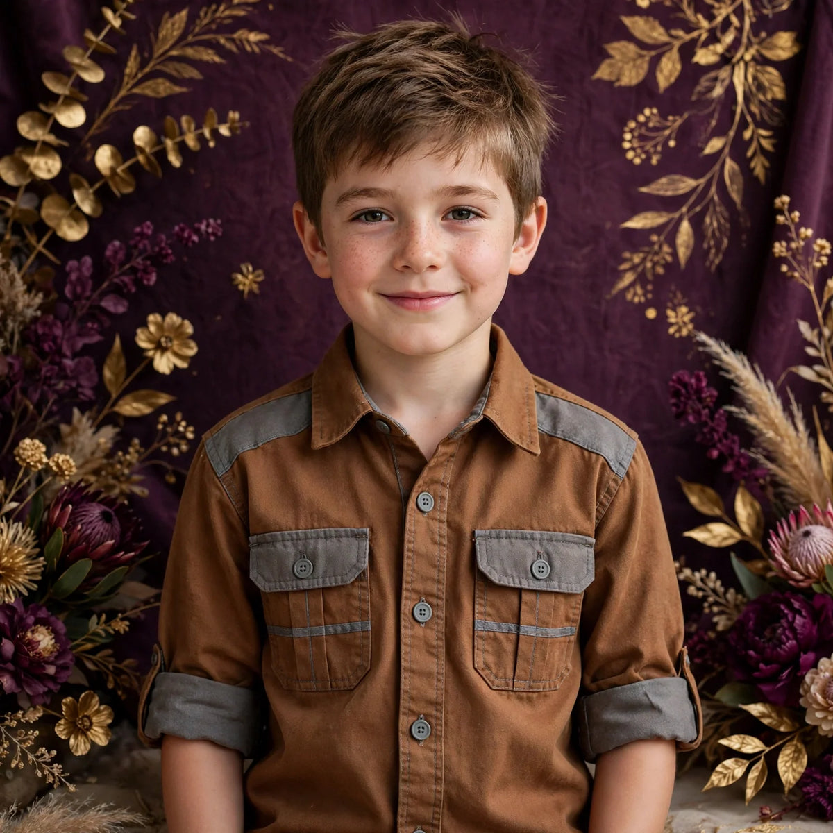 Boy wearing Grey Kids Chestnut Brown Canvas Work Shirt