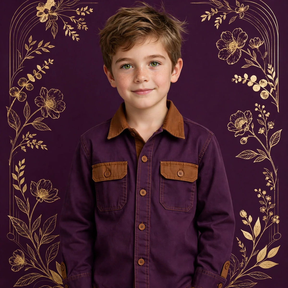 Boy wearing Purple Kids Chestnut Brown Canvas Work Shirt