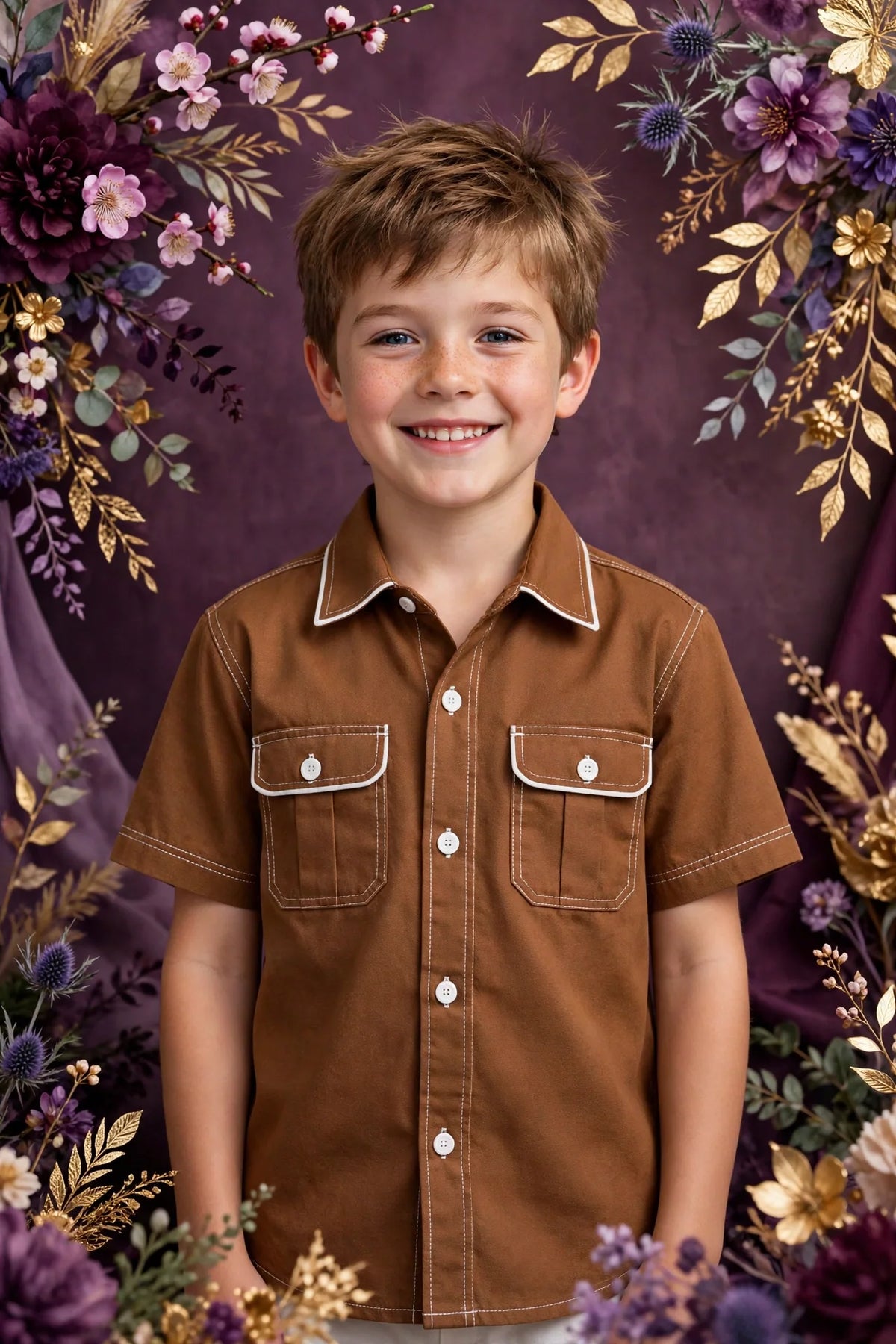 Boy wearing White Kids Chestnut Brown Canvas Work Shirt