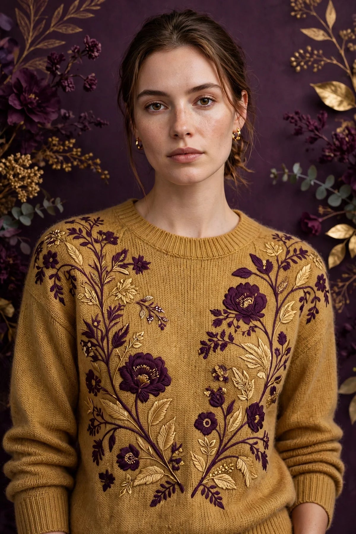 Person wearing Gold Knit sweater made of fine merino wool