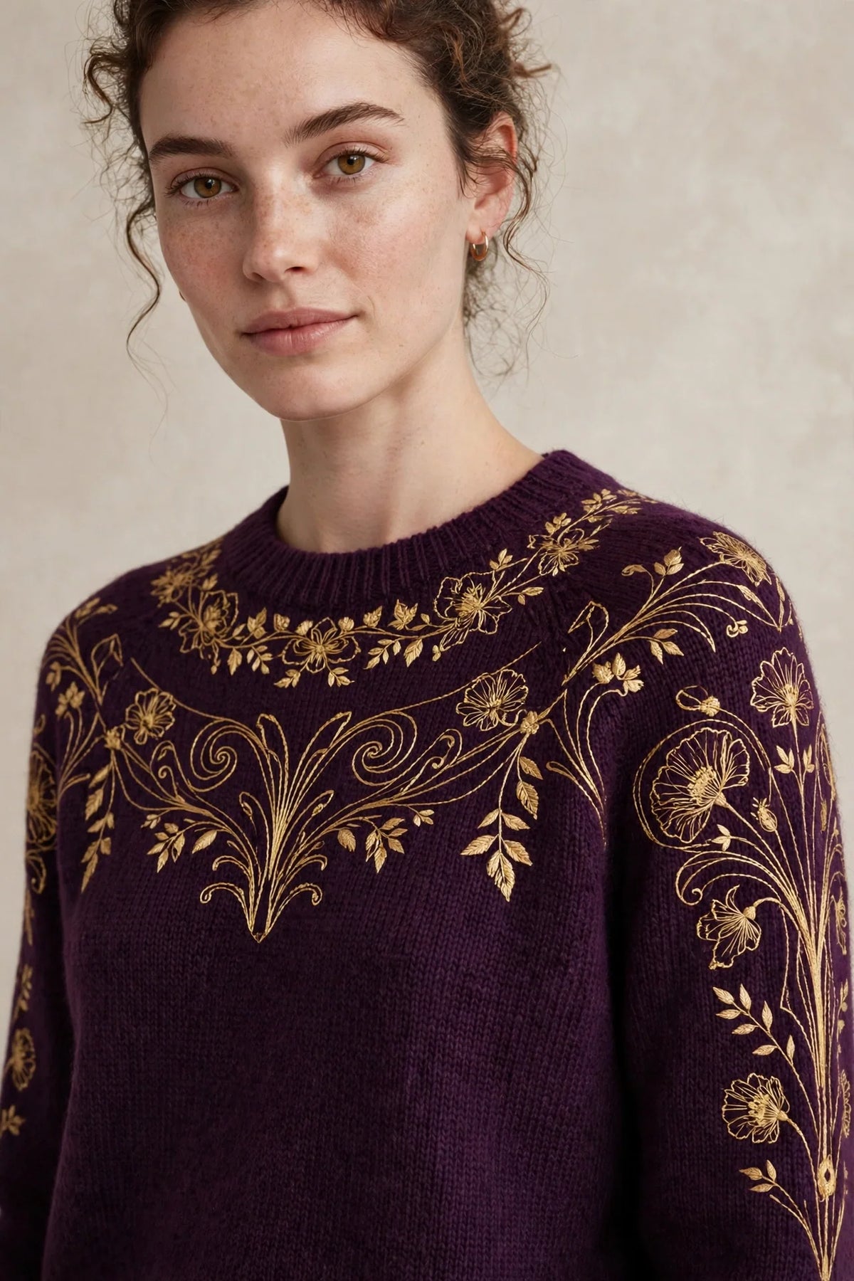 Person wearing Purple Knit sweater made of fine merino wool