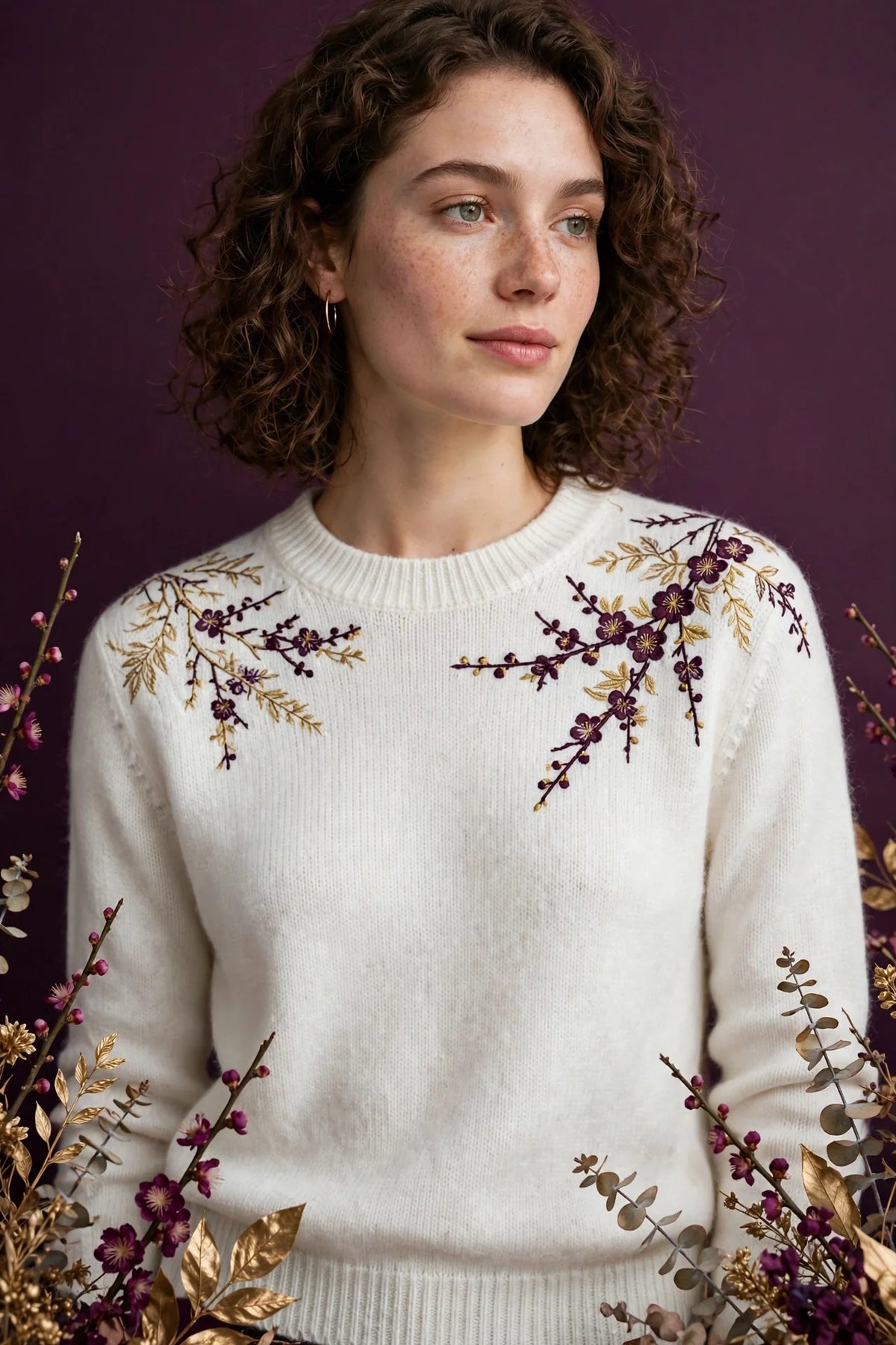 Person wearing White Knit sweater made of fine merino wool