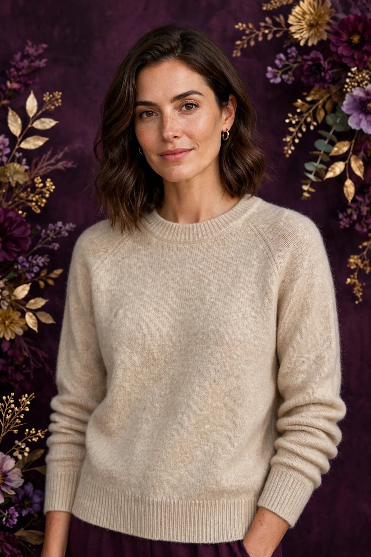 Person wearing Beige Merino Wool Crewneck Sweater