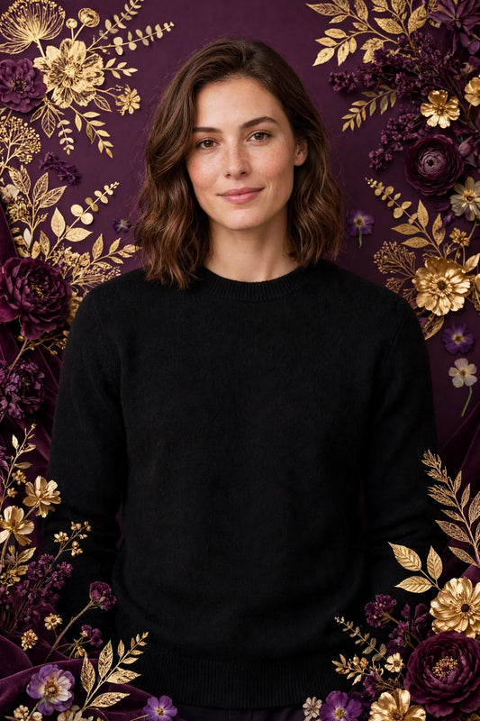 Person wearing Black Merino Wool Crewneck Sweater