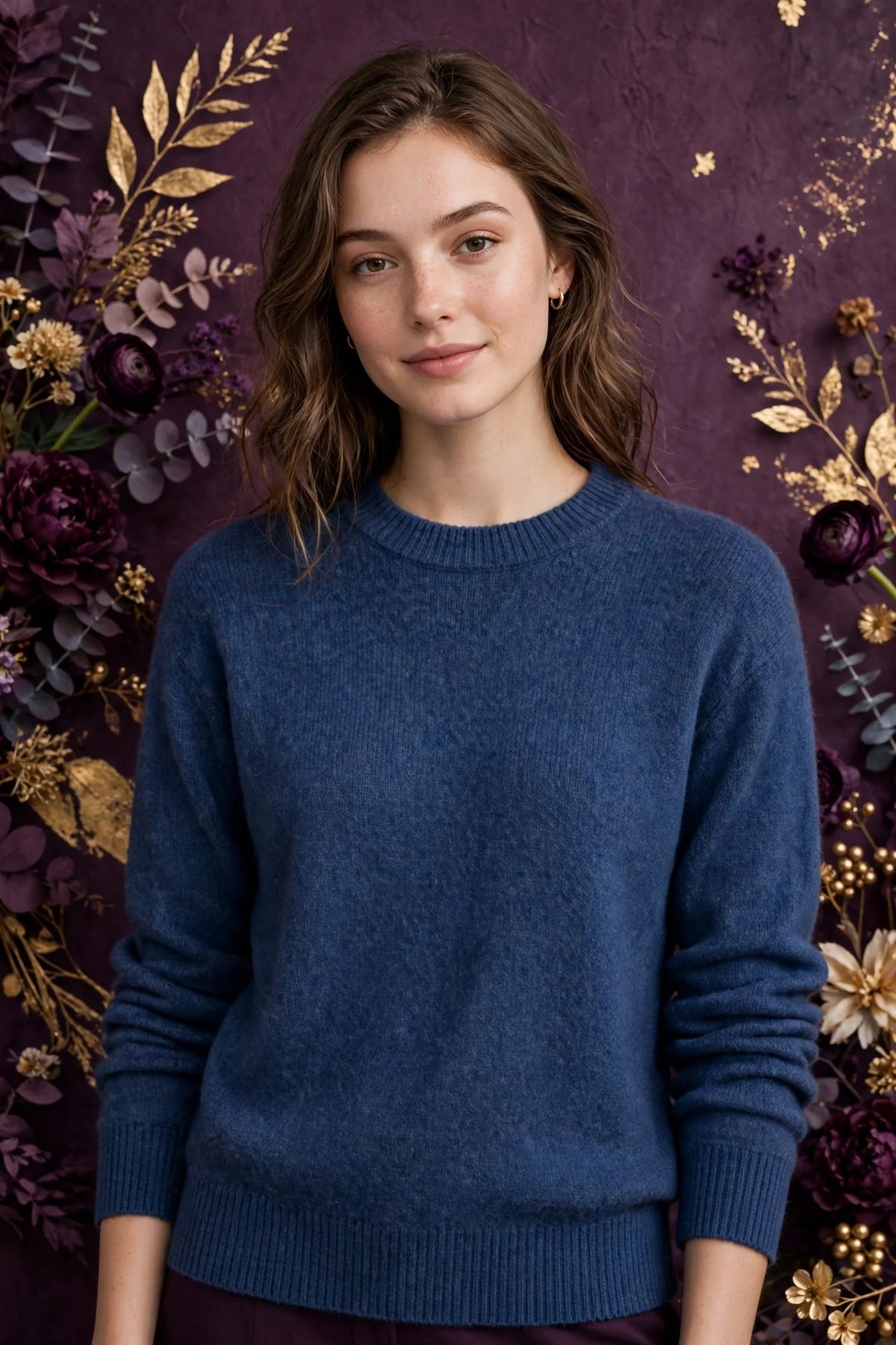 Person wearing Blue Merino Wool Crewneck Sweater