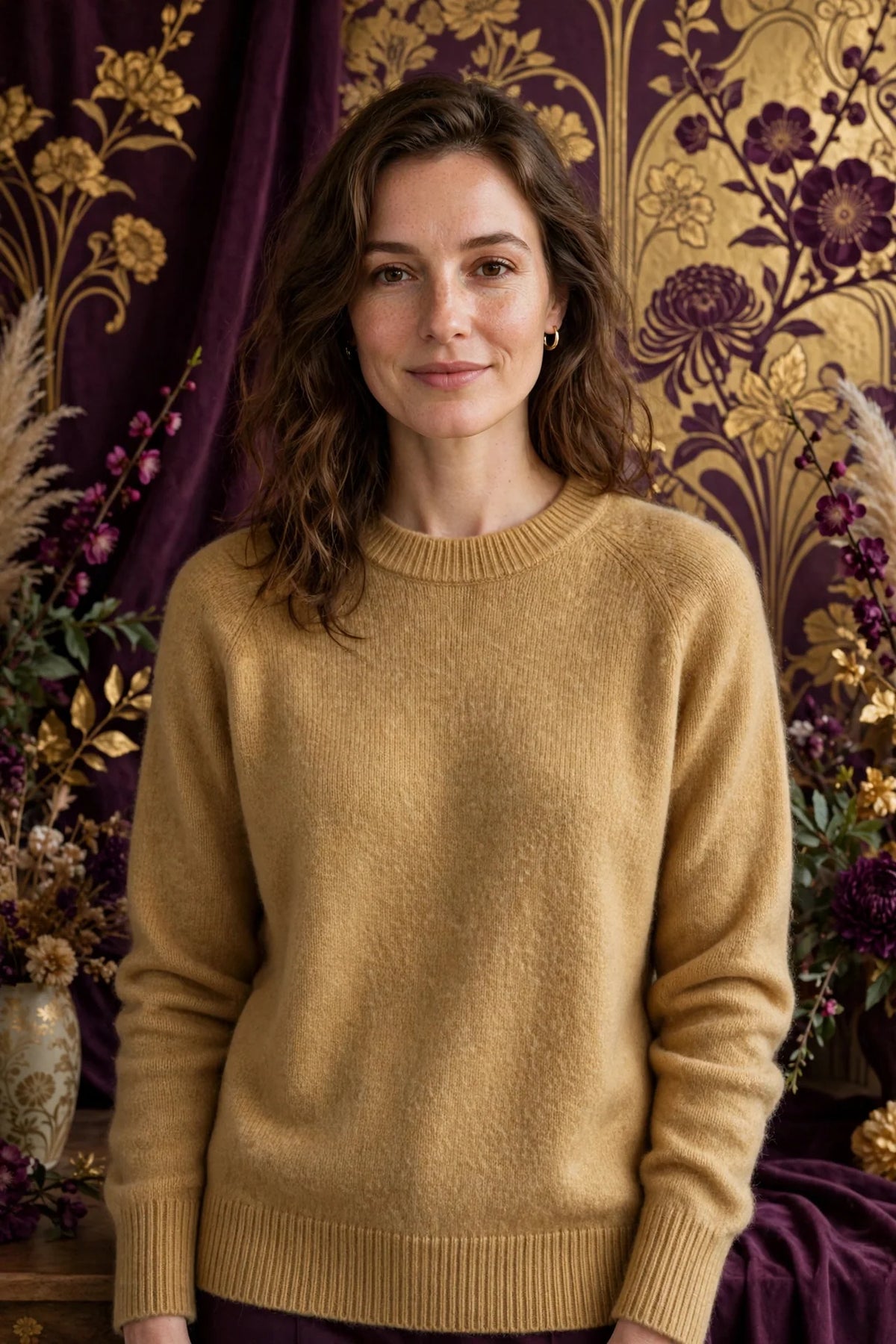 Person wearing Gold Merino Wool Crewneck Sweater