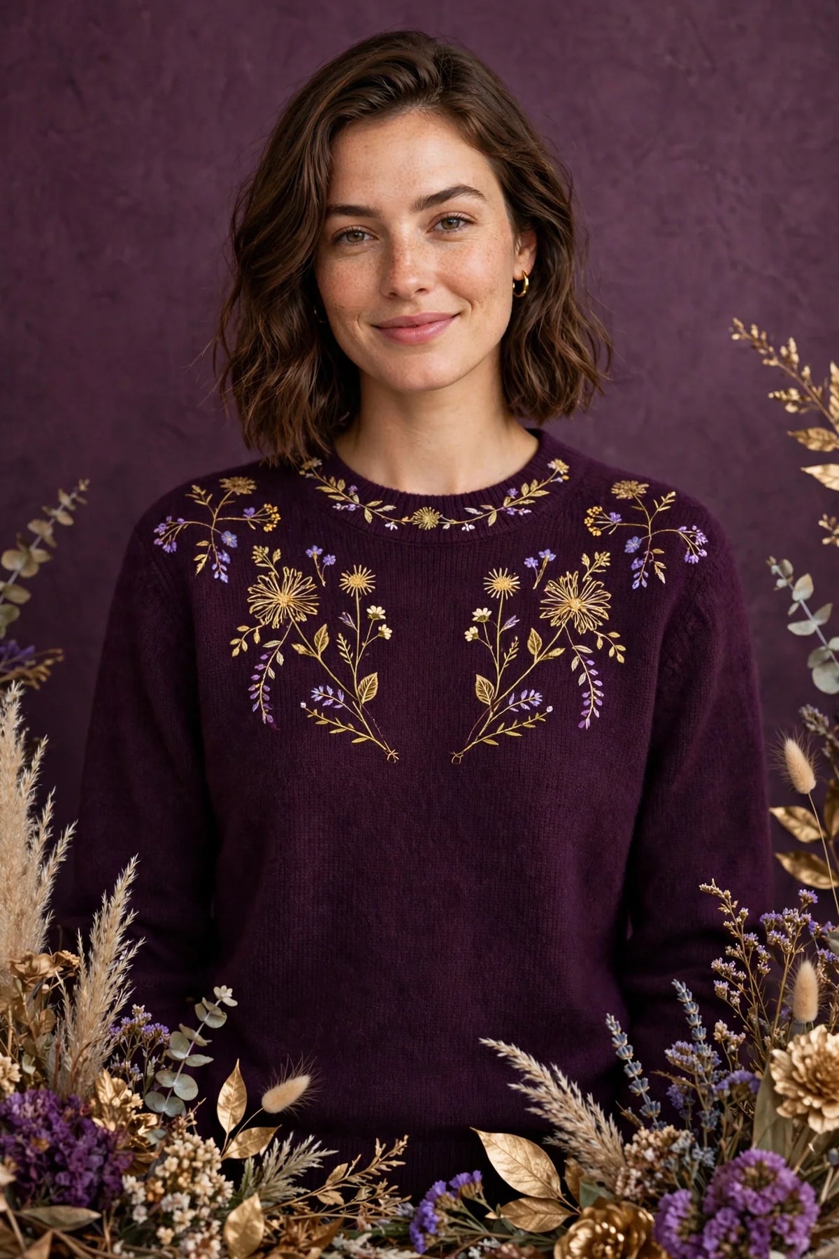 Person wearing Purple Merino Wool Crewneck Sweater