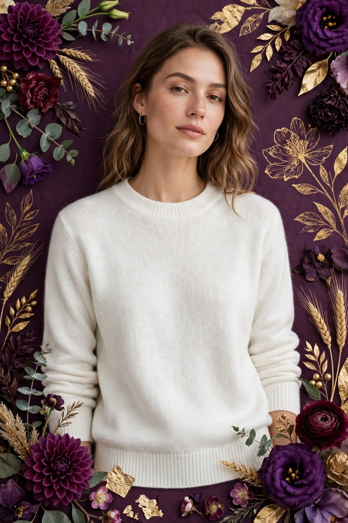 Person wearing White Merino Wool Crewneck Sweater