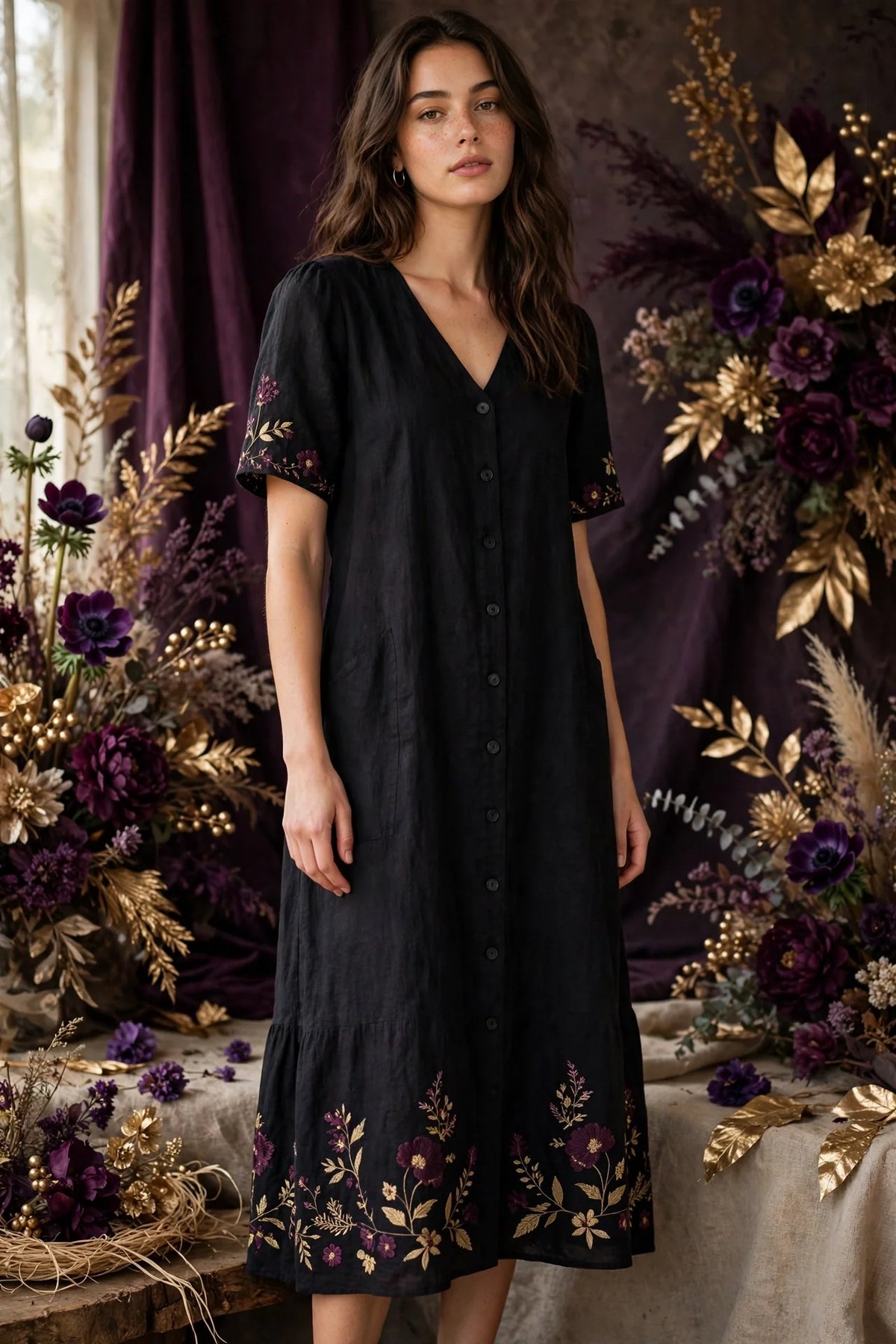 Person wearing Black Linen Midi Dress