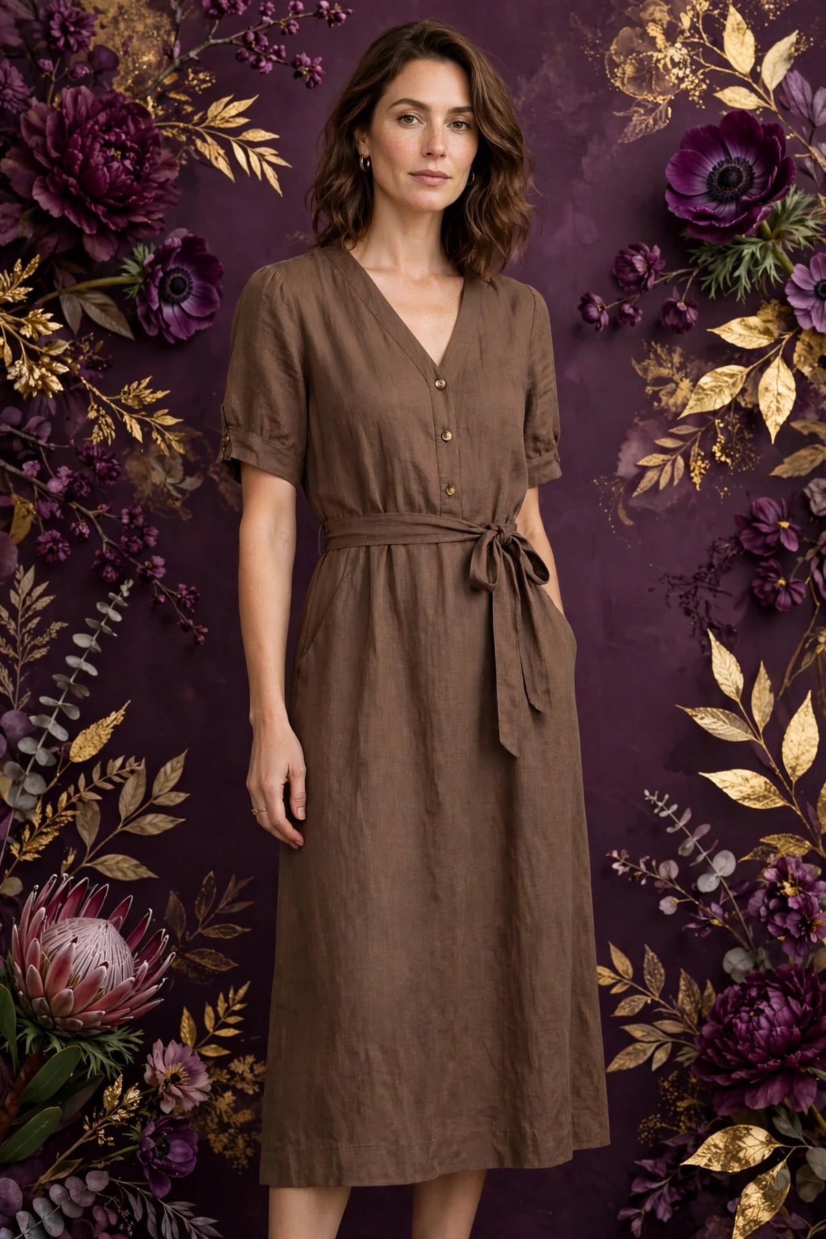 Person wearing Brown Linen Midi Dress
