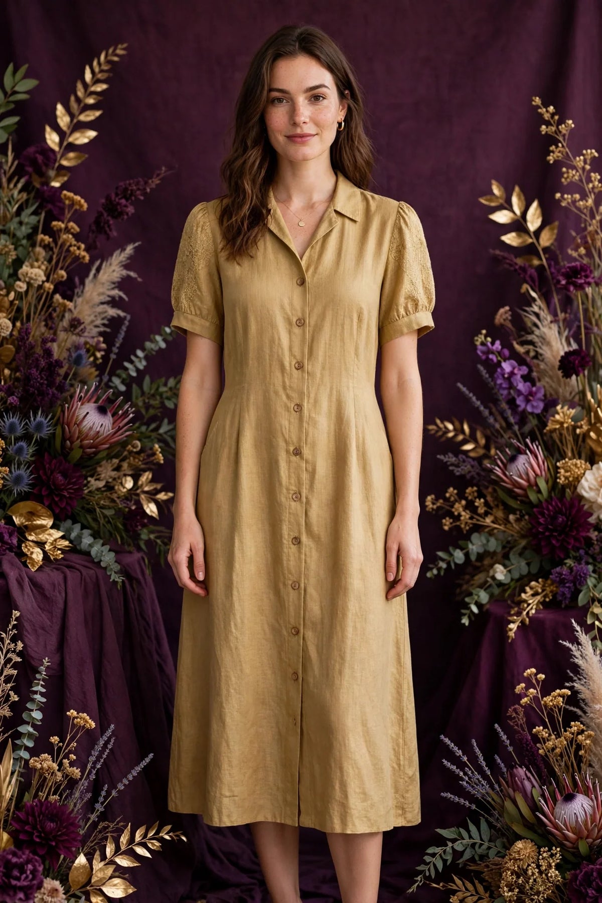 Person wearing Gold Linen Midi Dress