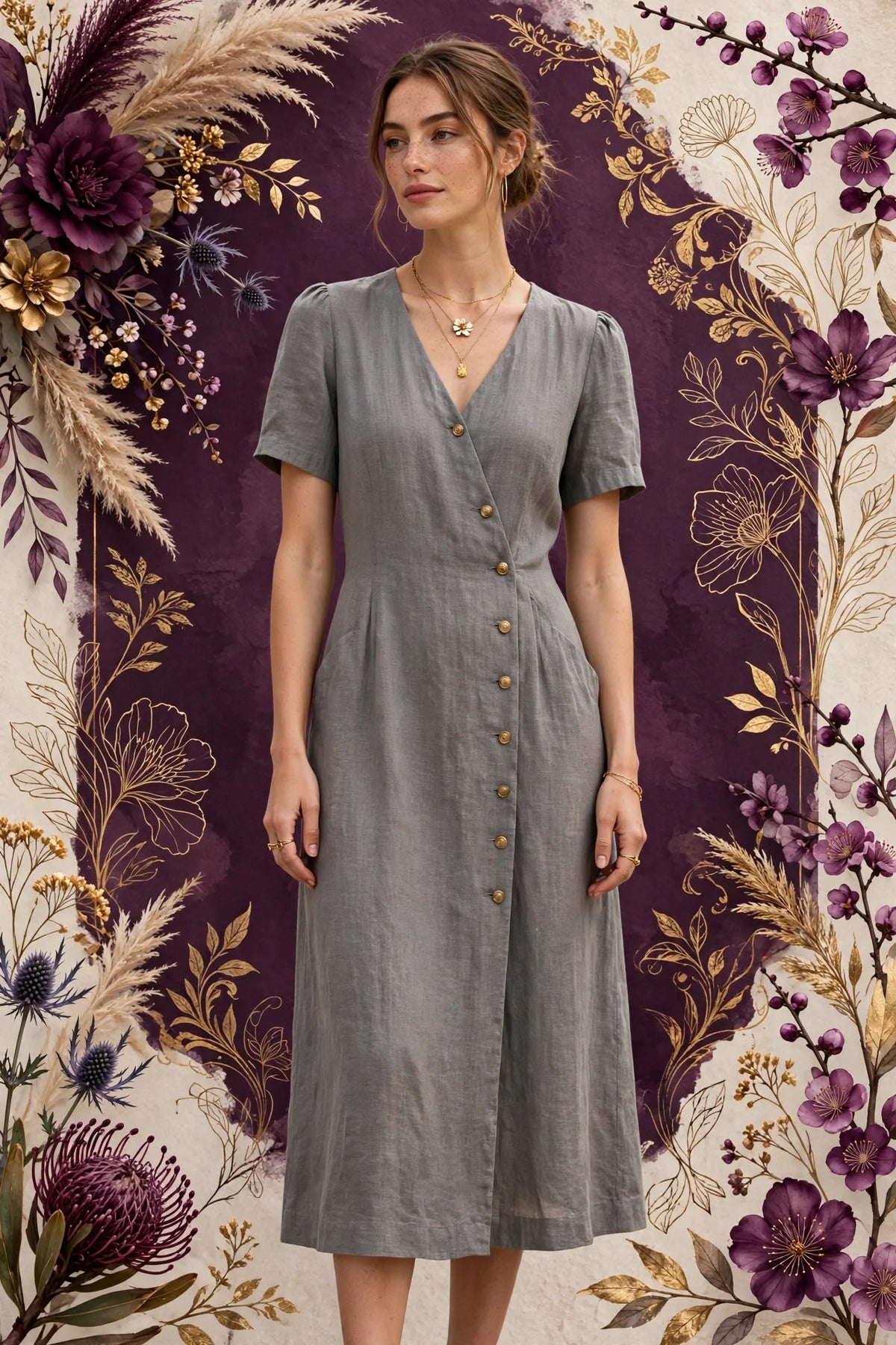 Person wearing Grey Linen Midi Dress