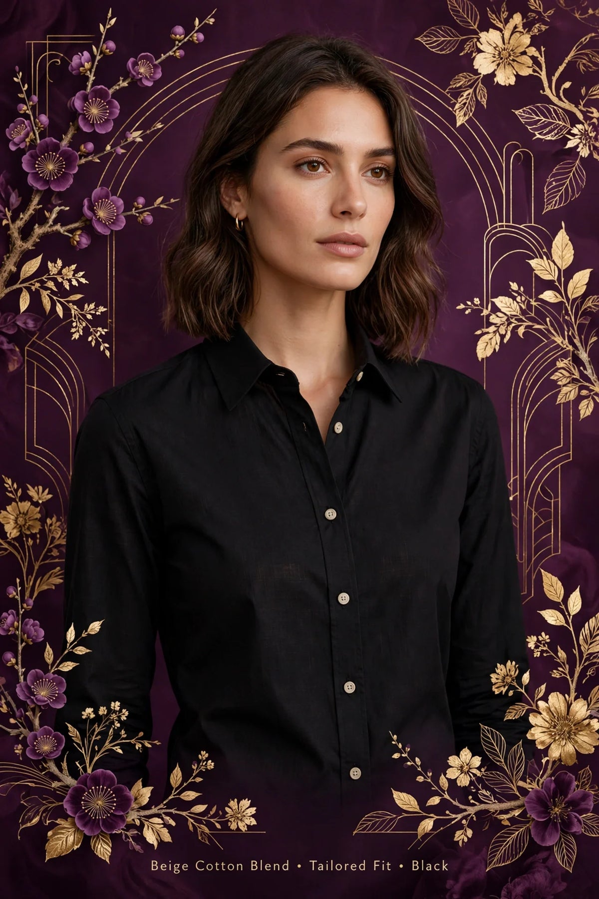 Person wearing Black Beige Cotton Blend Tailored Fit Shirt