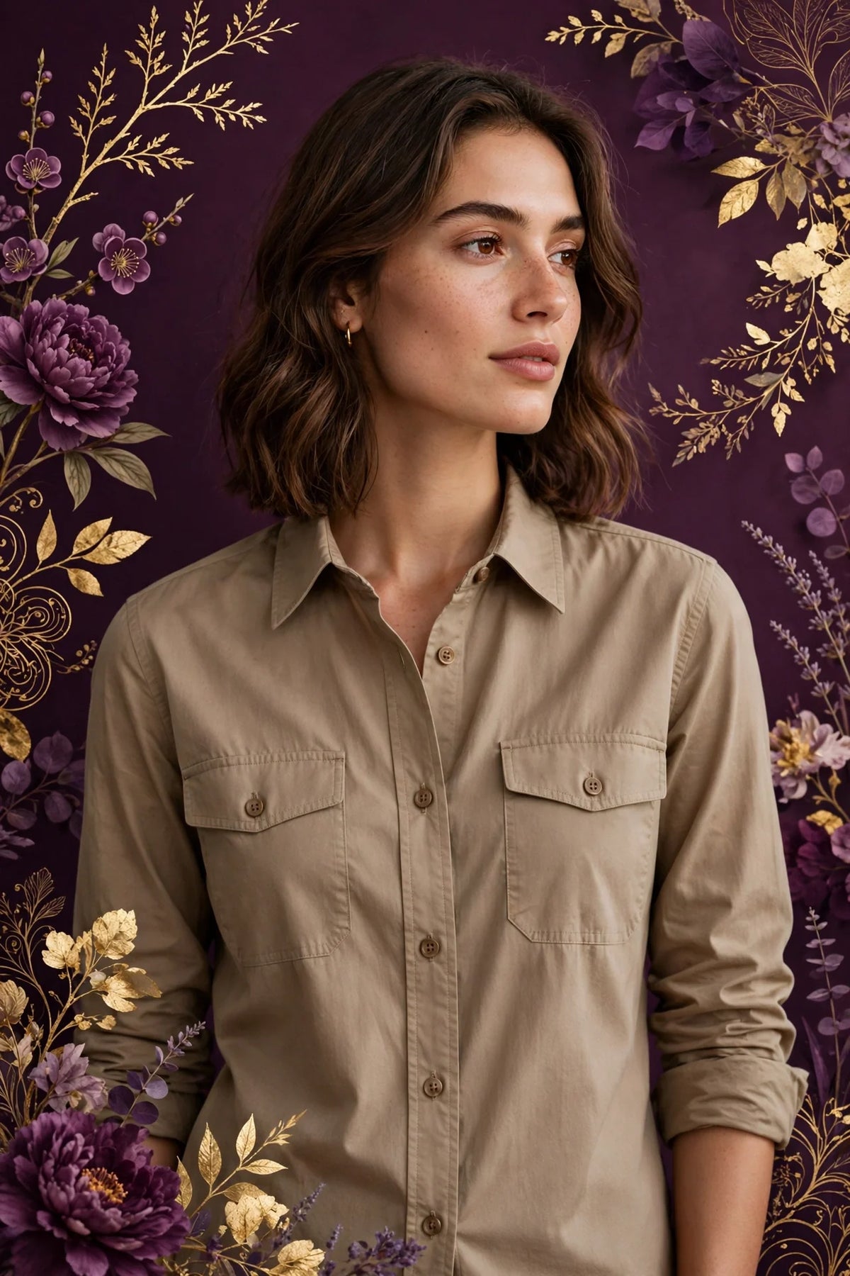 Person wearing Brown Beige Cotton Blend Tailored Fit Shirt