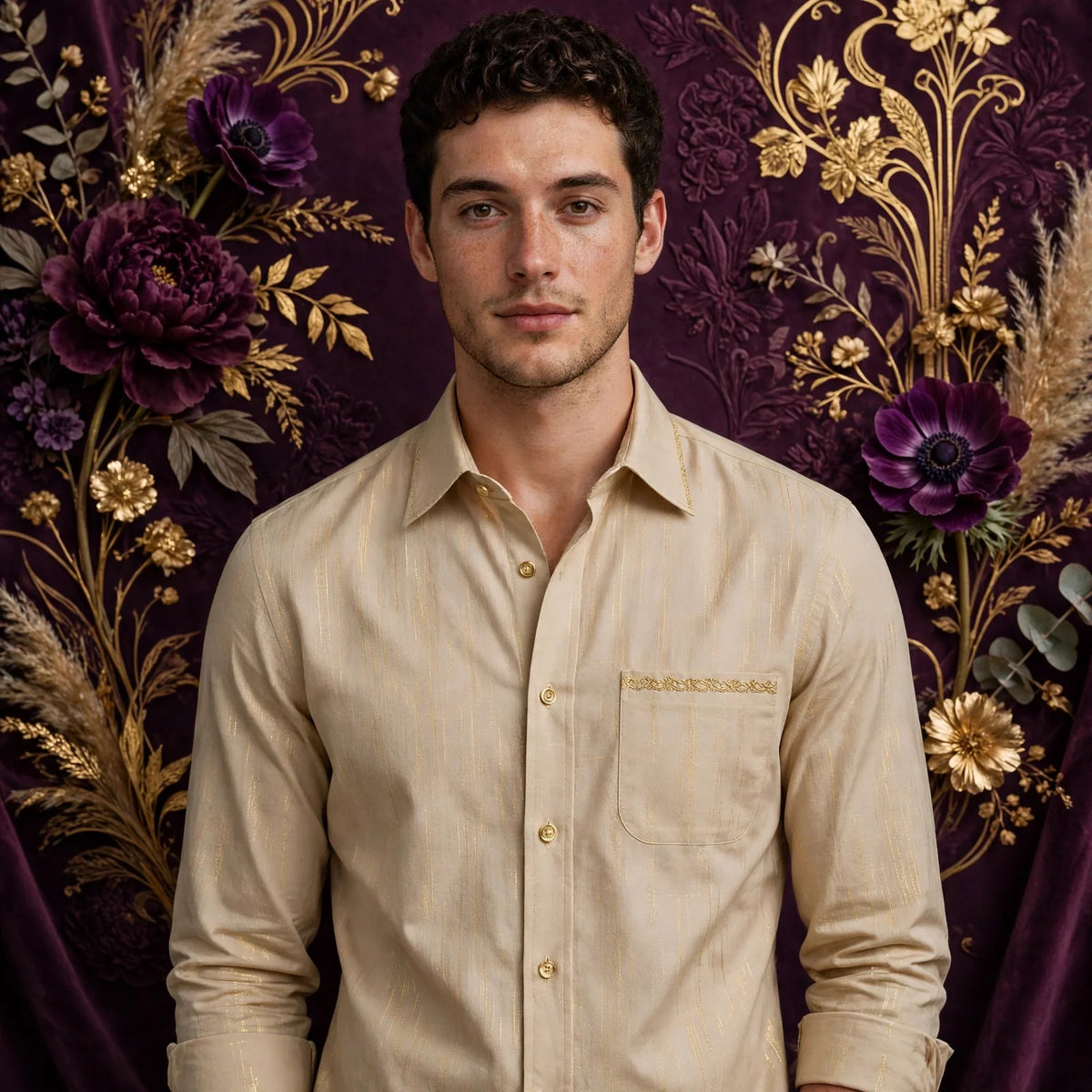 Person wearing Gold Beige Cotton Blend Tailored Fit Shirt