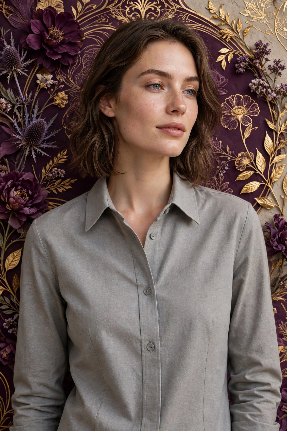 Person wearing Grey Beige Cotton Blend Tailored Fit Shirt