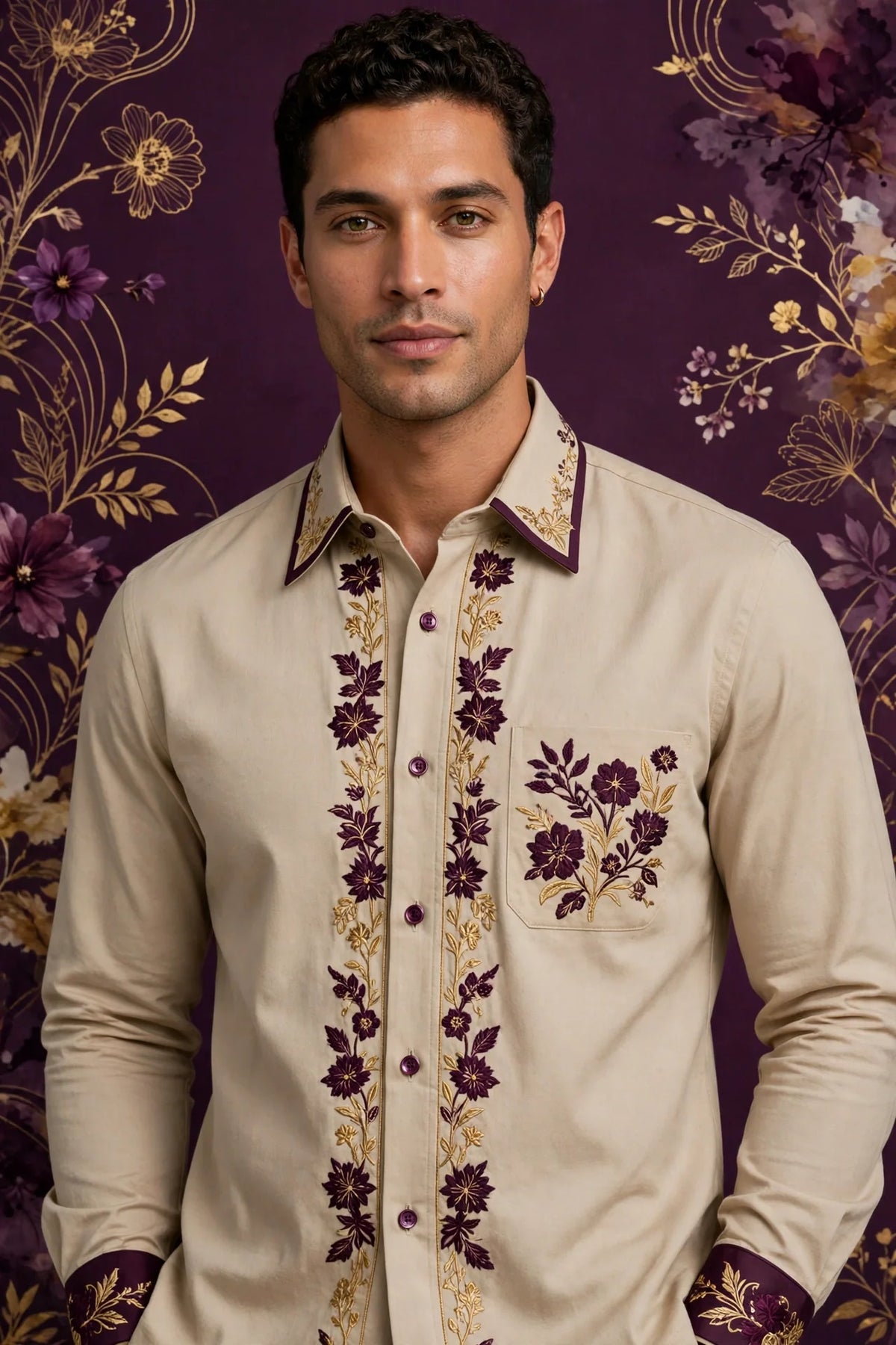 Person wearing Purple Beige Cotton Blend Tailored Fit Shirt