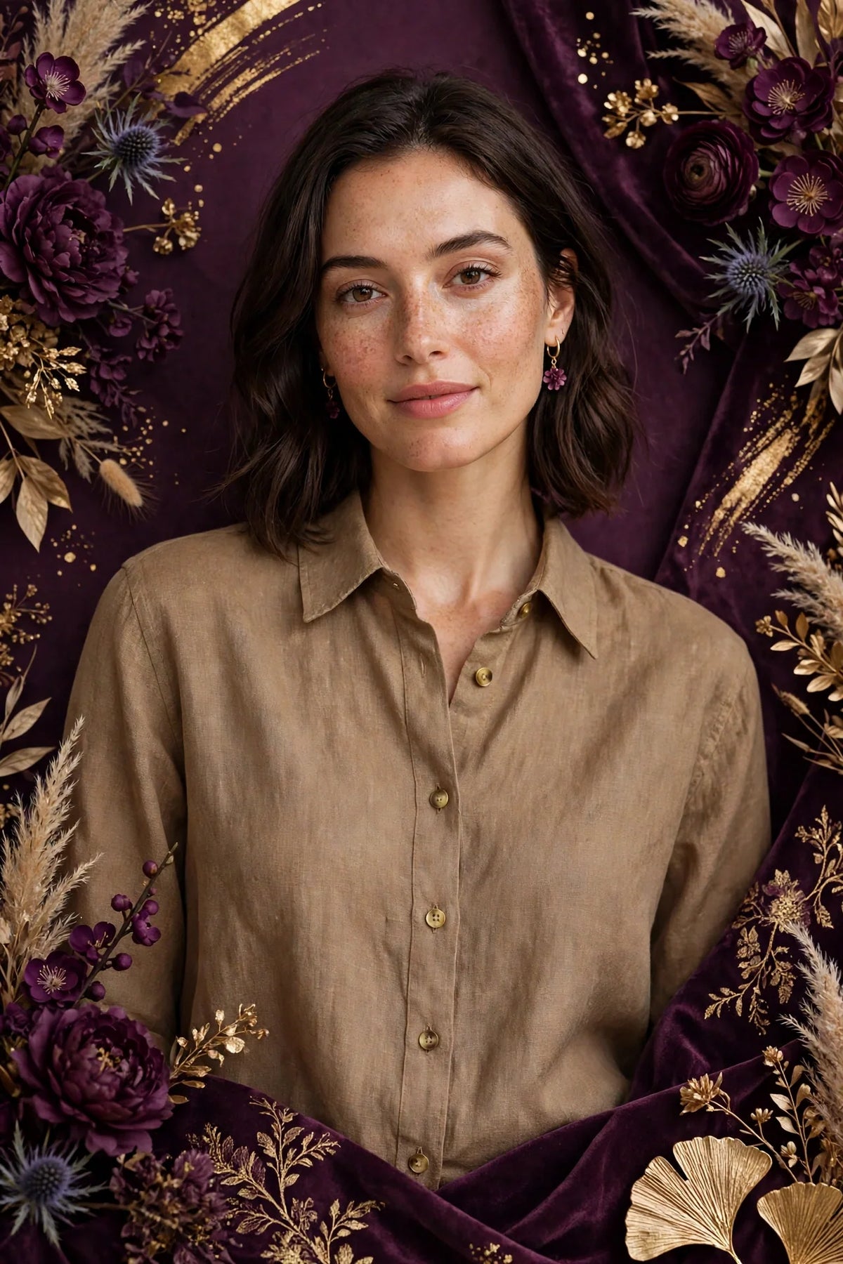 Person wearing Beige Earthy Brown Button-Up Shirt