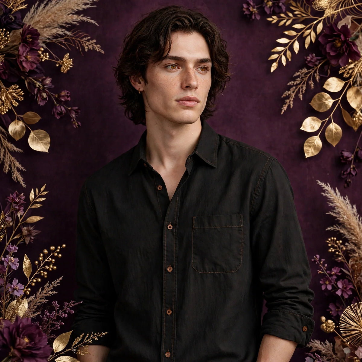 Person wearing Black Earthy Brown Button-Up Shirt