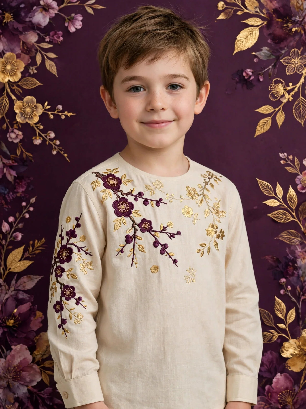 Boy wearing Beige Kids Cornsilk Cream Long-Sleeve Shirt