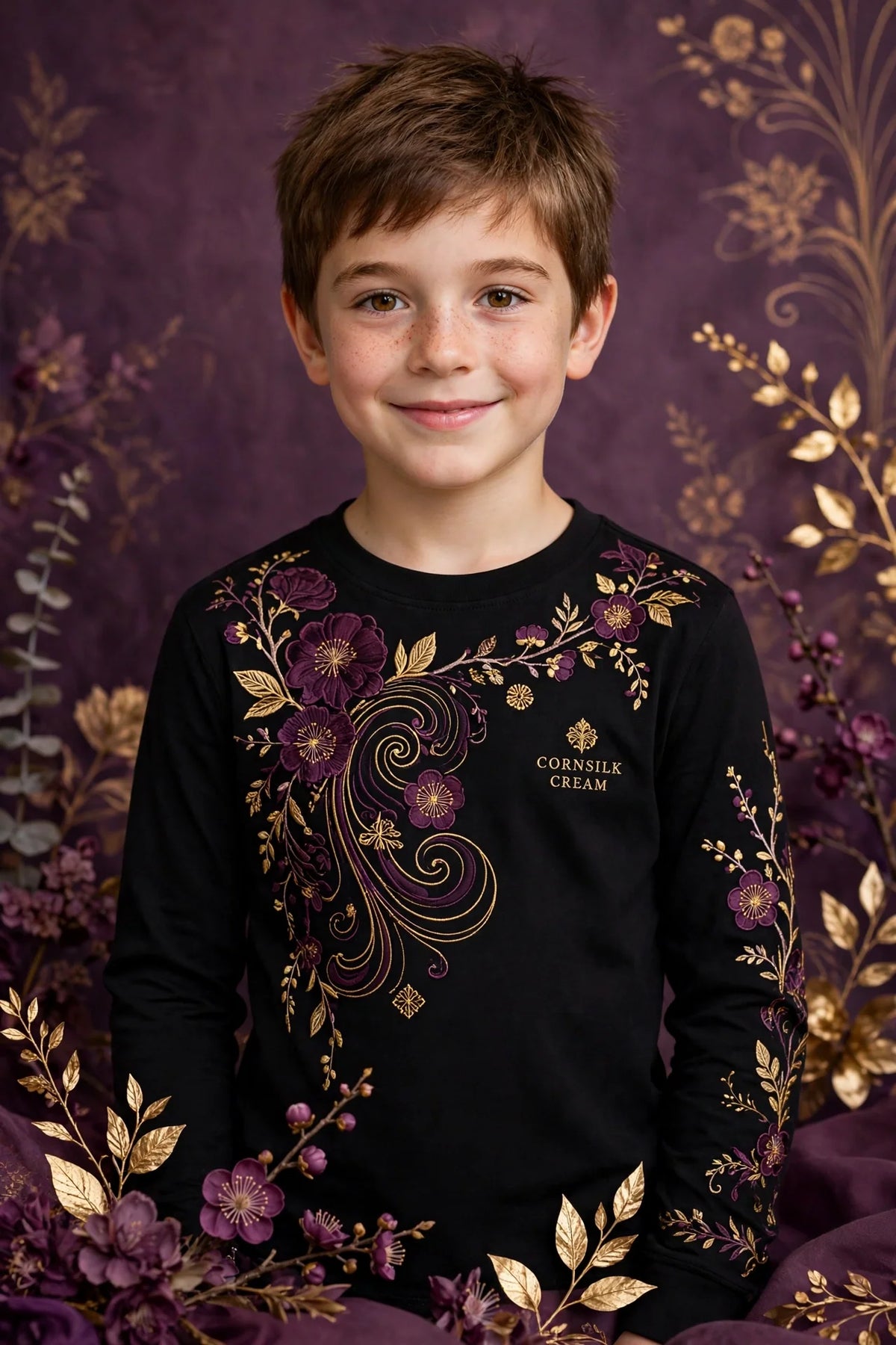 Boy wearing Black Kids Cornsilk Cream Long-Sleeve Shirt