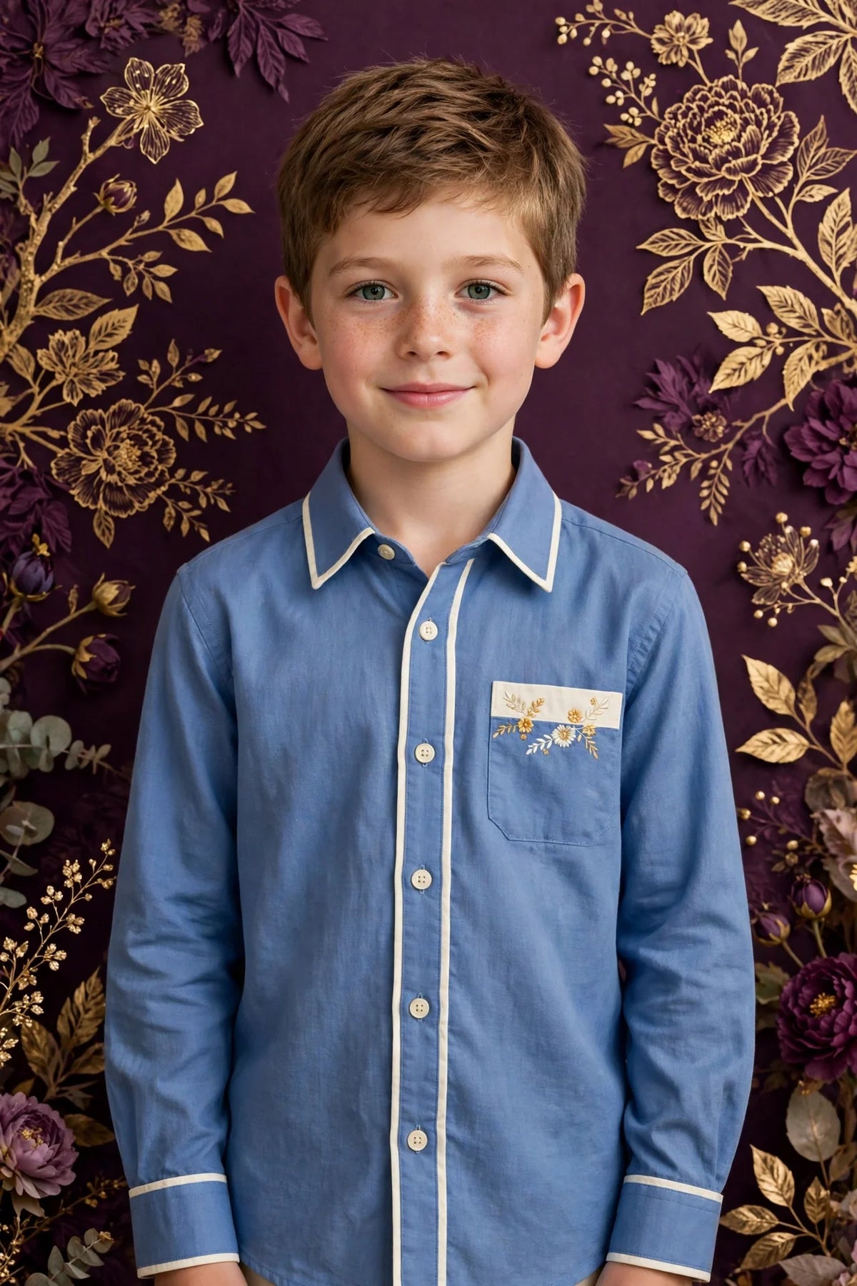 Boy wearing Blue Kids Cornsilk Cream Long-Sleeve Shirt