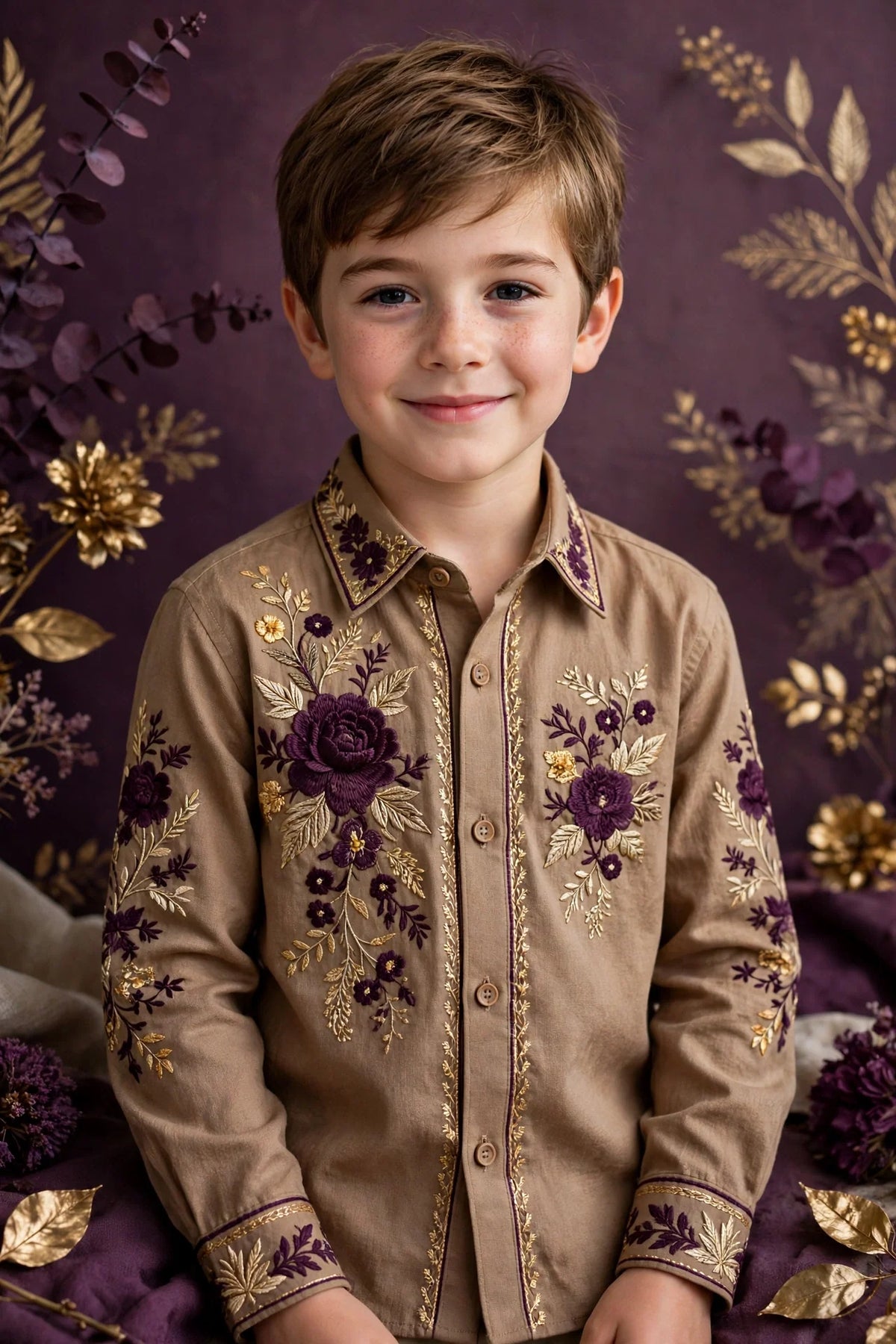 Boy wearing Brown Kids Cornsilk Cream Long-Sleeve Shirt