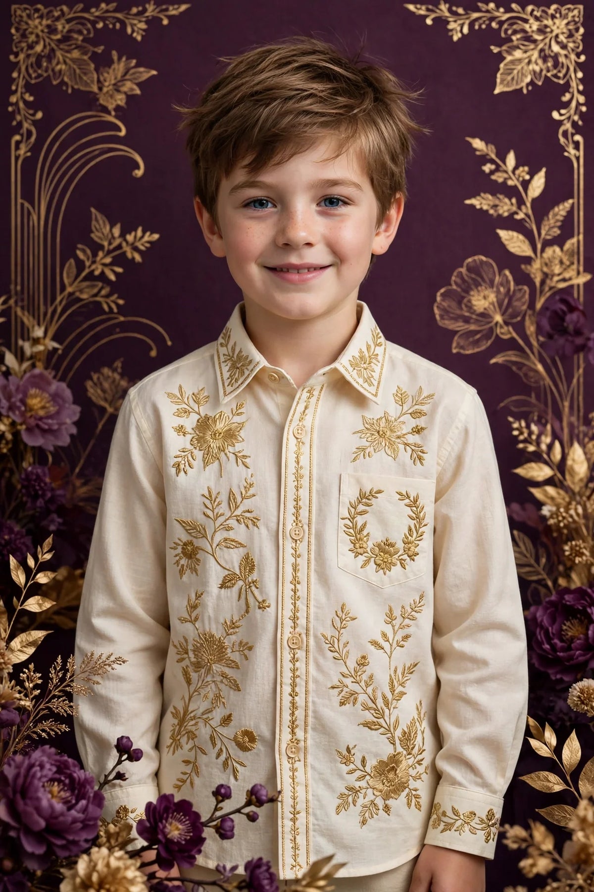 Boy wearing Gold Kids Cornsilk Cream Long-Sleeve Shirt