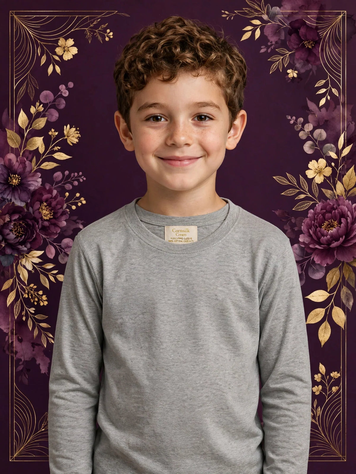 Boy wearing Grey Kids Cornsilk Cream Long-Sleeve Shirt
