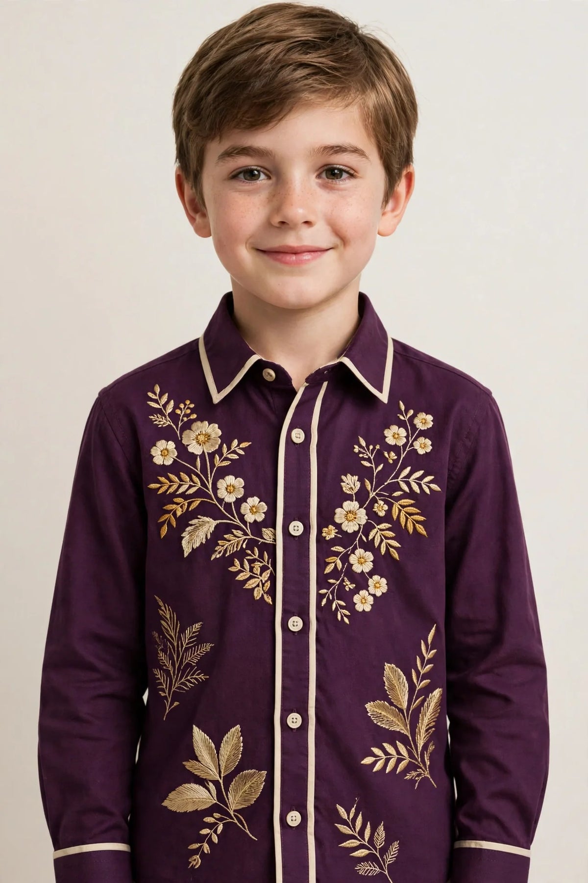 Boy wearing Purple Kids Cornsilk Cream Long-Sleeve Shirt