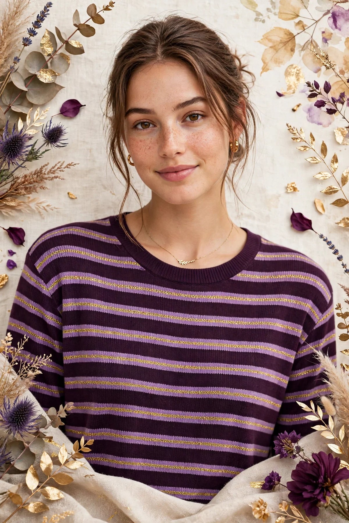 Person wearing Purple Casual Striped Knit Top