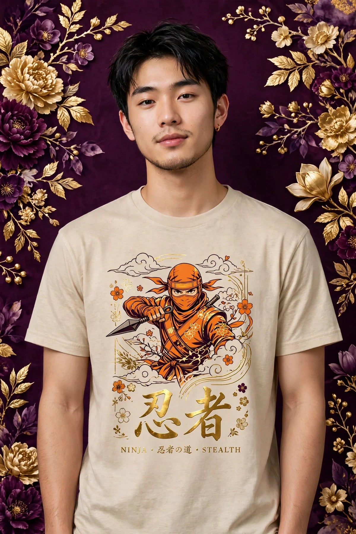Person wearing Beige Anime Orange Ninja T-Shirt