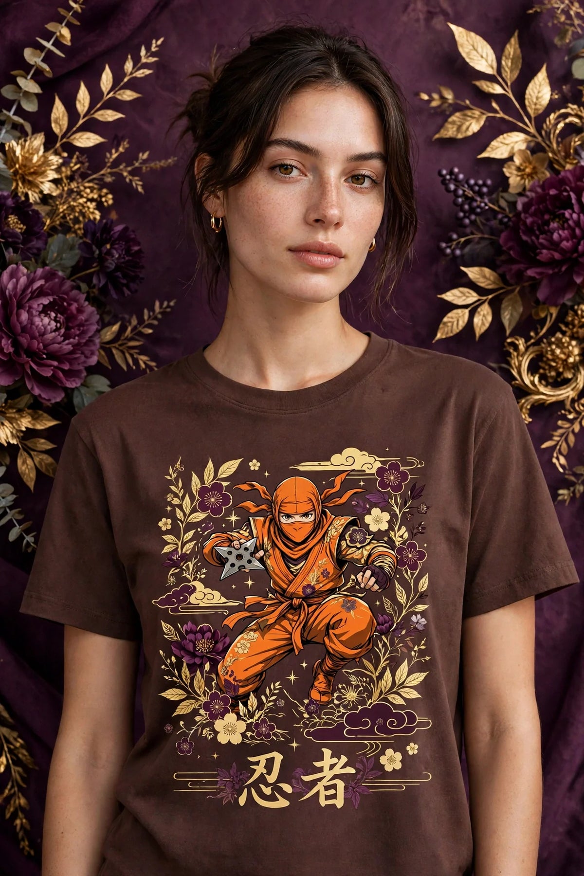 Person wearing Brown Anime Orange Ninja T-Shirt