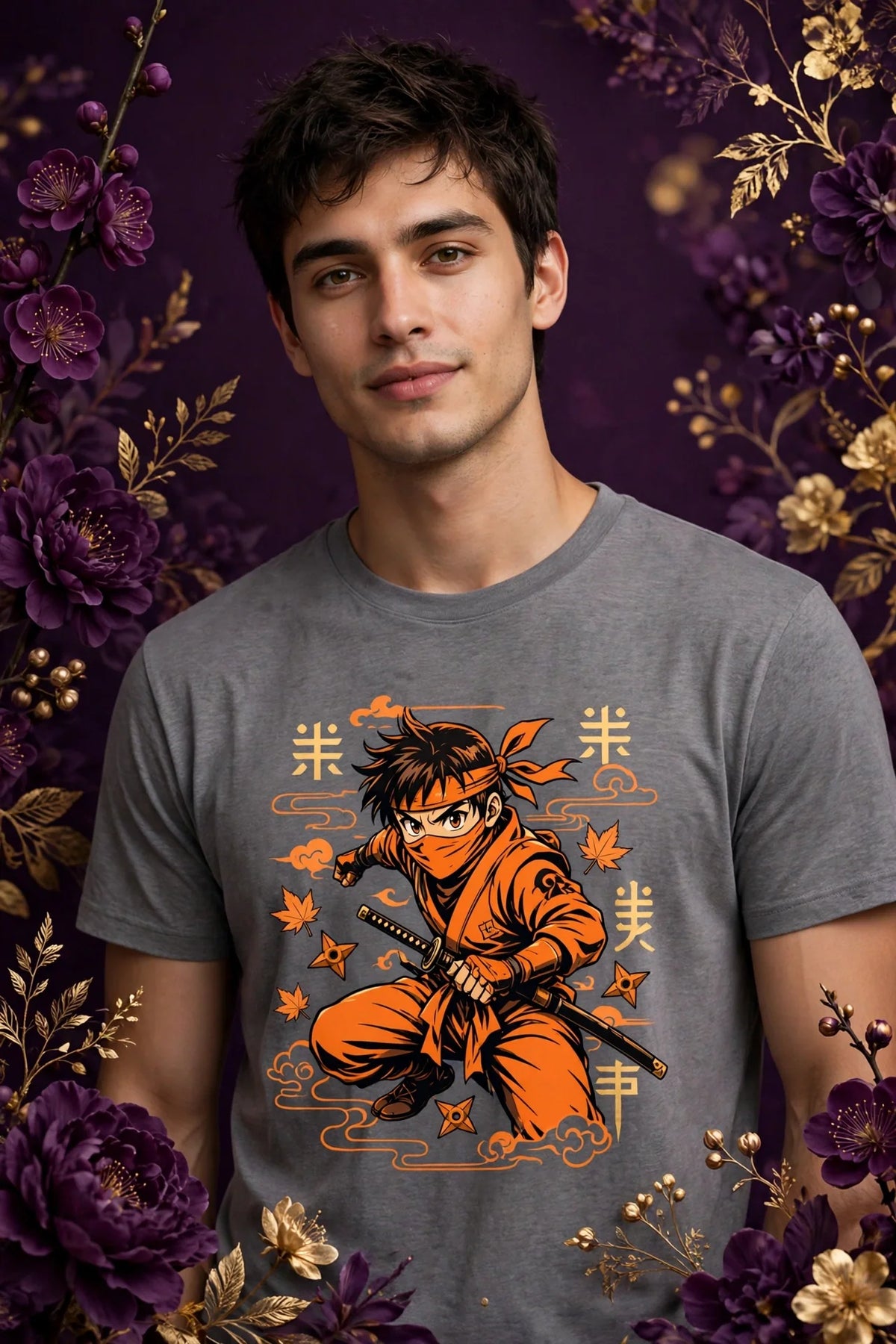 Person wearing Grey Anime Orange Ninja T-Shirt