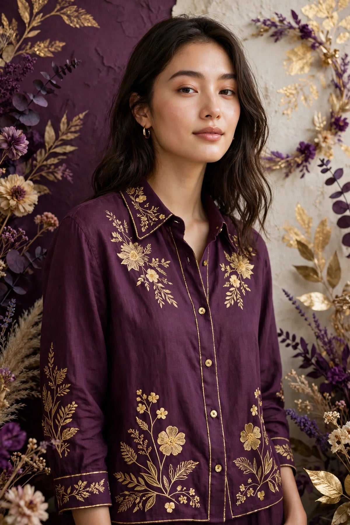 Person wearing Gold Plum Linen Shirt