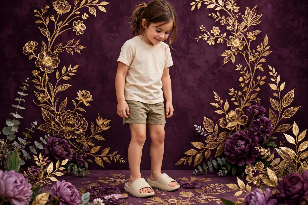 Child wearing Beige Kids Slide Sandals
