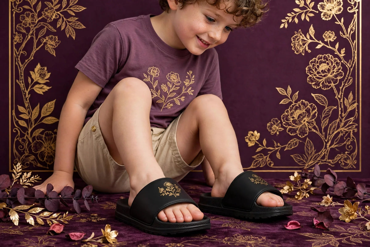 Child wearing Black Kids Slide Sandals