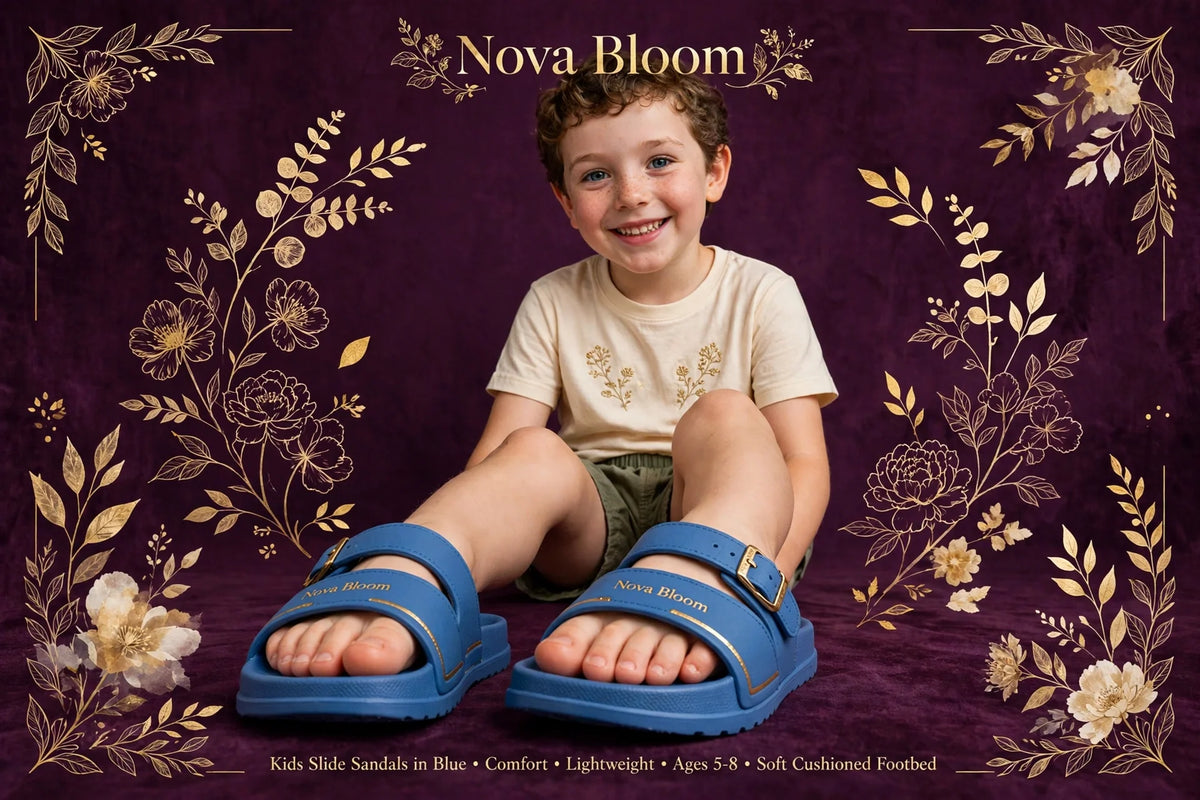 Child wearing Blue Kids Slide Sandals