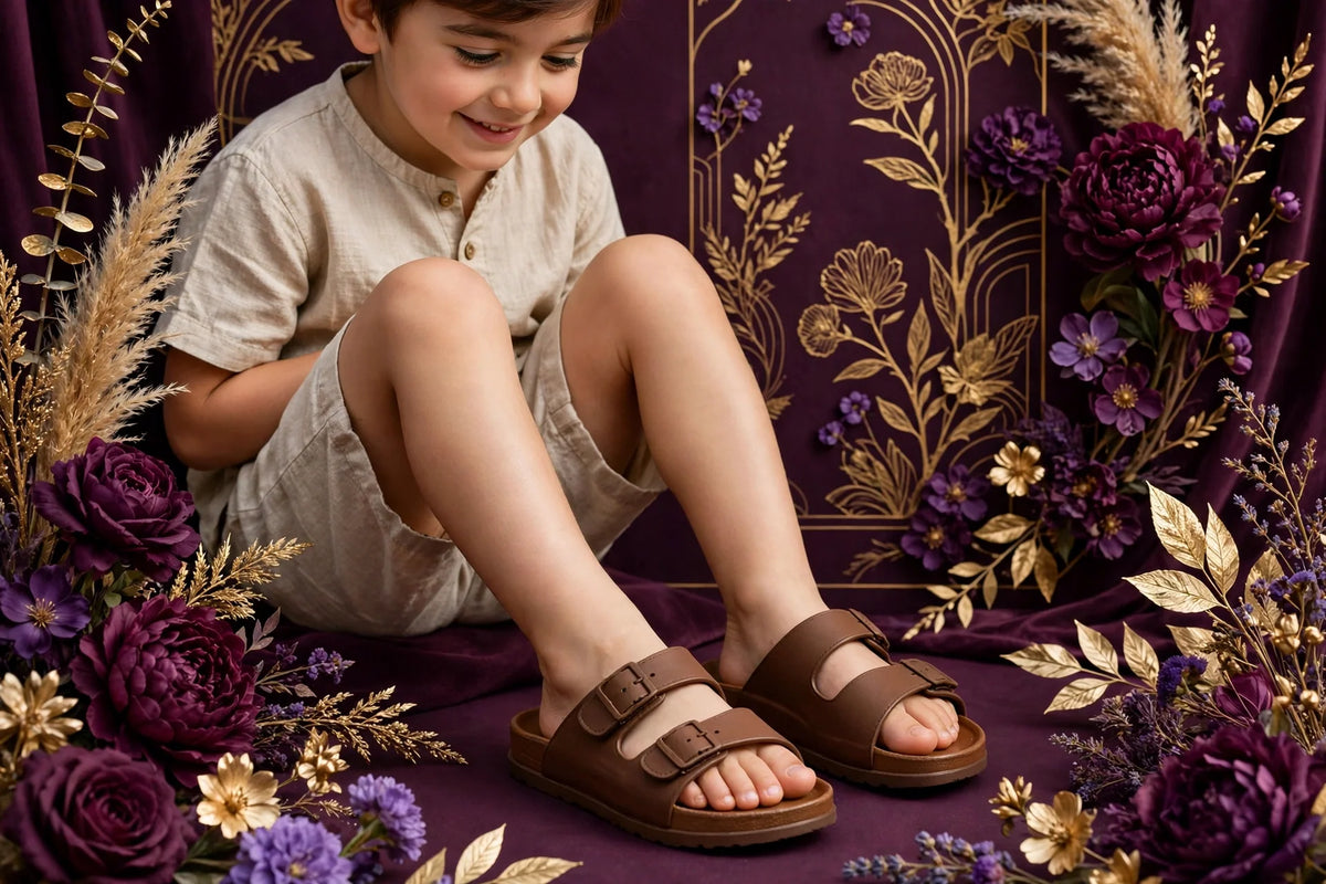 Child wearing Brown Kids Slide Sandals